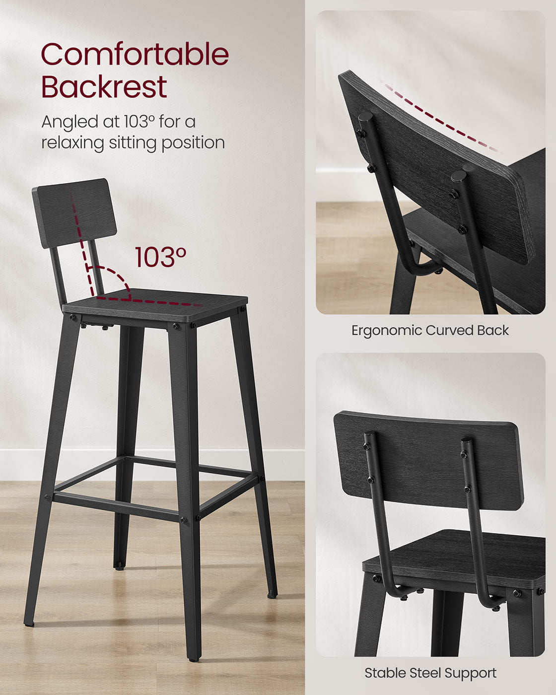 Bar Stool Set of 2 - Steel Frame - Ash Black and Ink Black