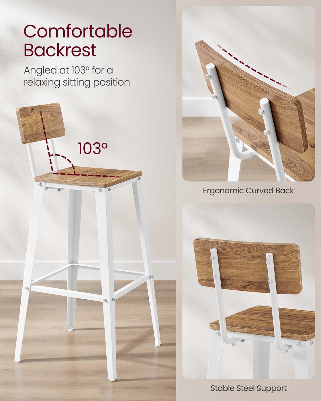 Bar Stool Set - Steel Frame - Wheat Brown - Backrest
