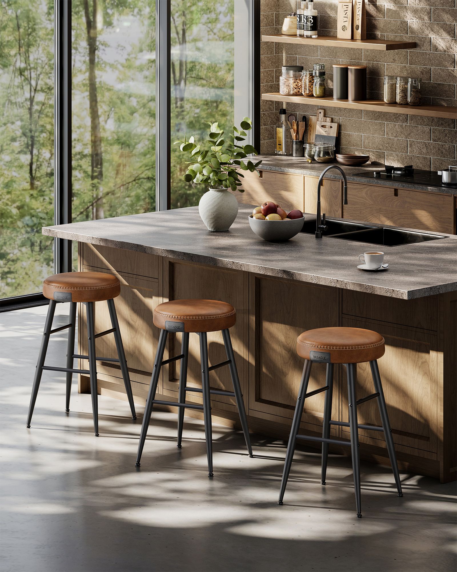Bar Stools Set of 2 - Synthetic Leather - Black