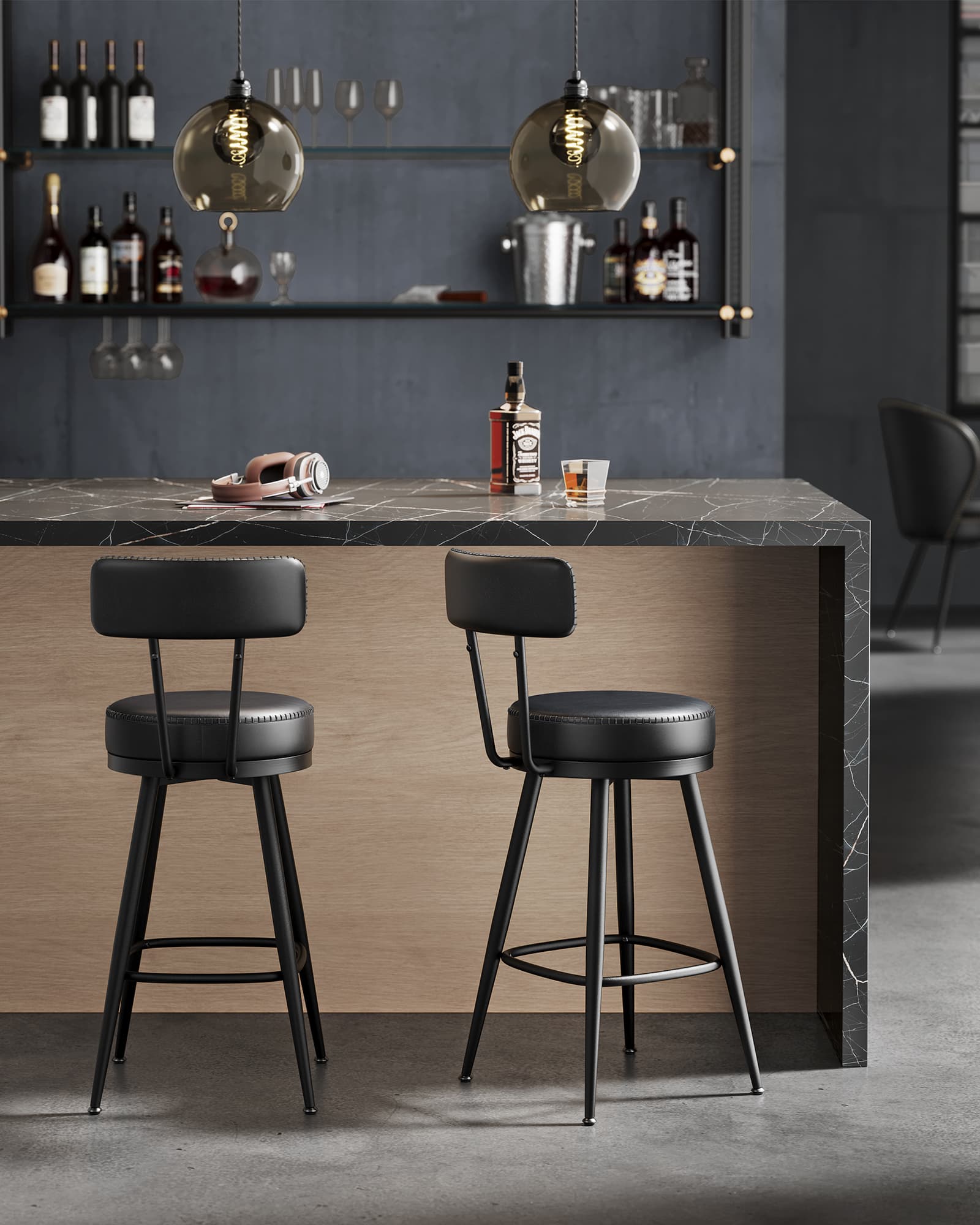 Swivel Bar Stools Set of 2 - 360° Design - Synthetic Leather - Caramel Brown