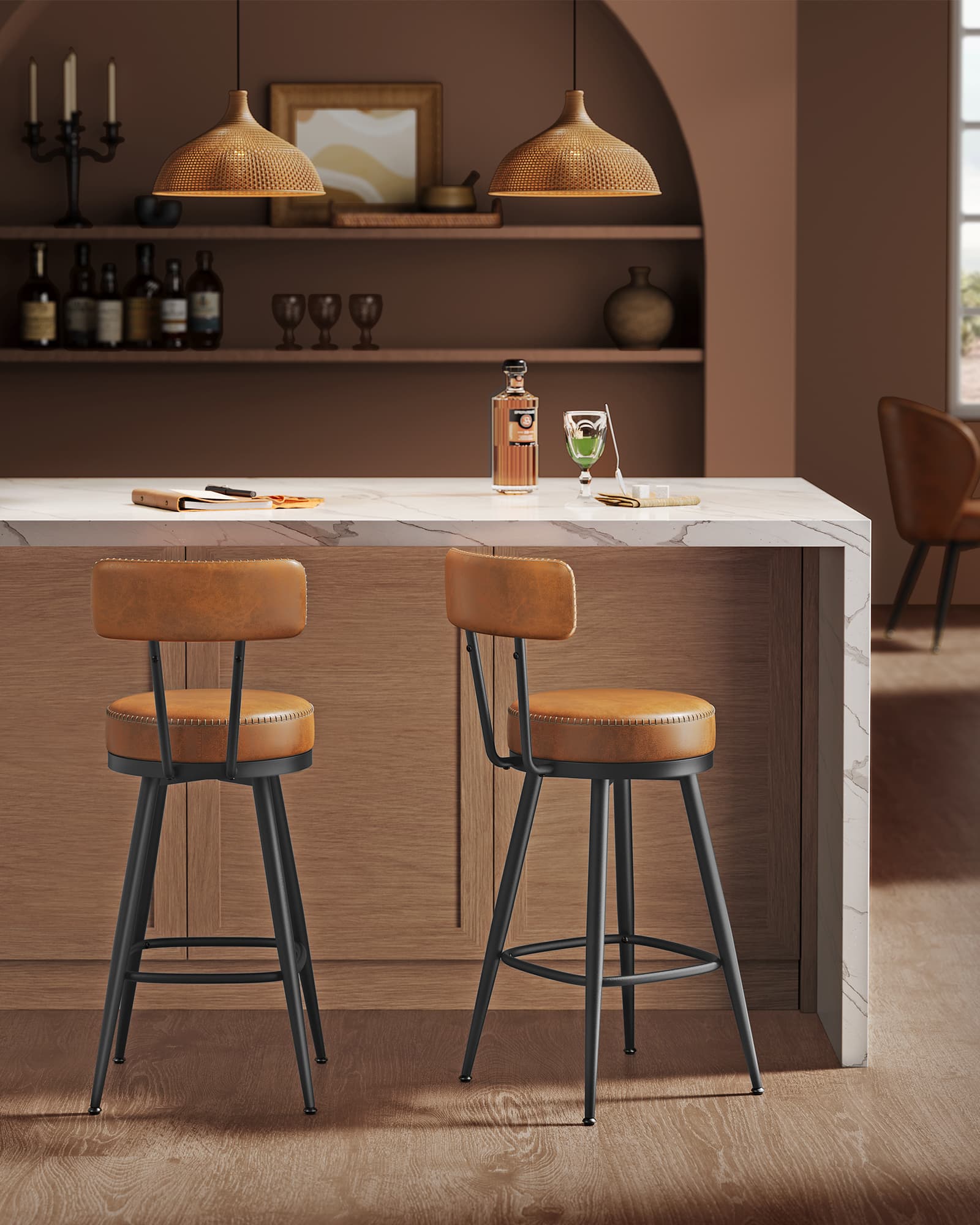 Swivel Bar Stools Set of 2 - Synthetic Leather - Caramel Brown - 360° Rotation