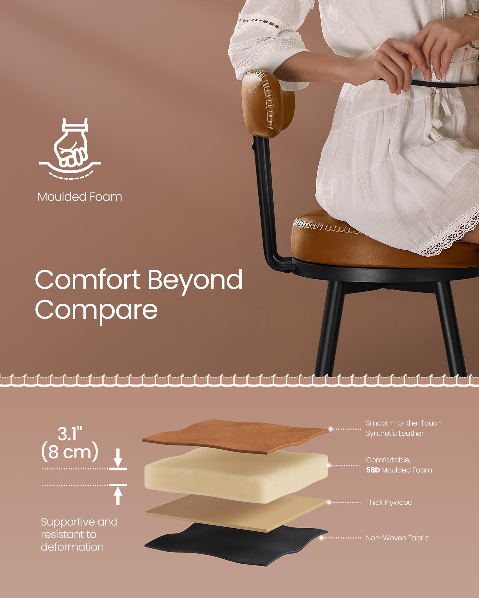 Swivel Bar Stools Set of 2 - Synthetic Leather - Caramel Brown - 360° Rotation