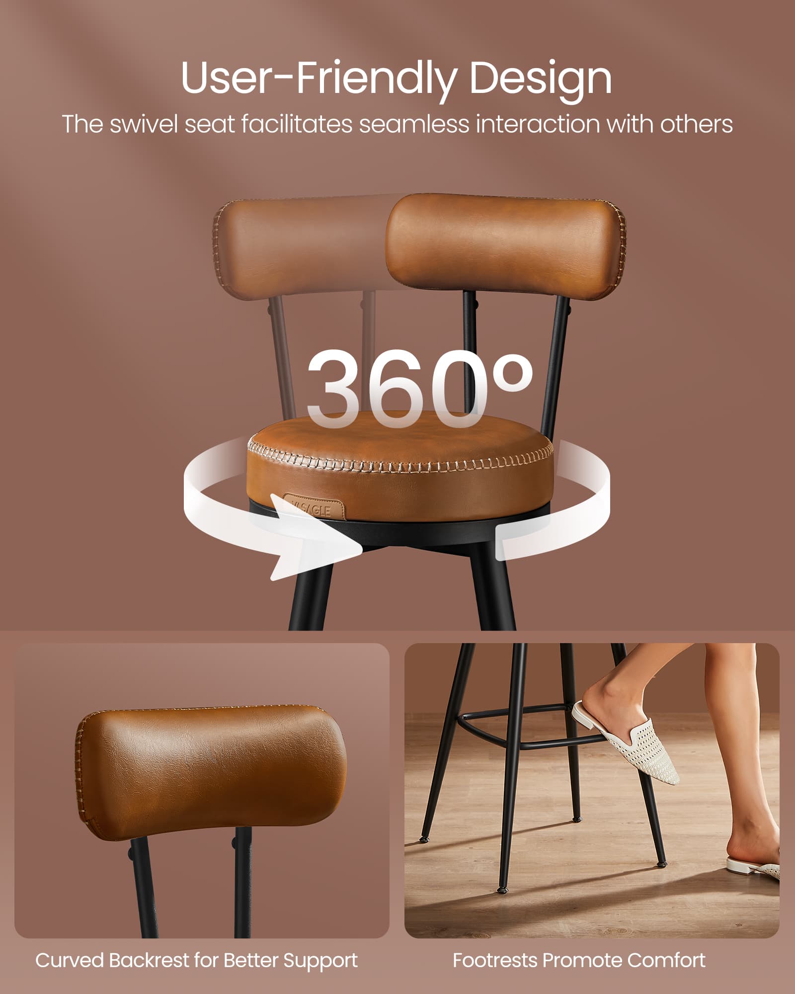 Swivel Bar Stools Set of 2 - Synthetic Leather - Caramel Brown - 360° Rotation