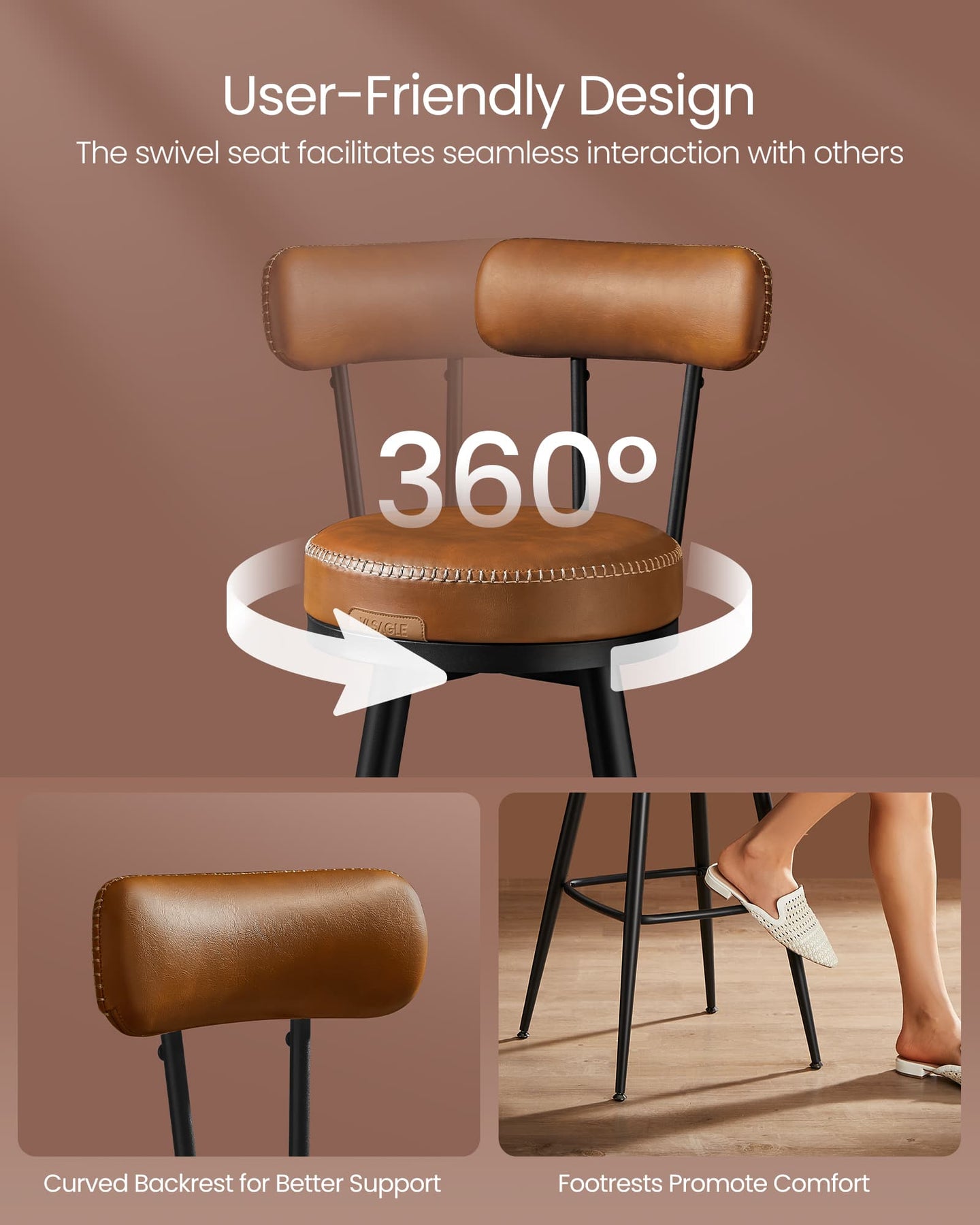 Swivel Bar Stools Set of 2 - Synthetic Leather - Caramel Brown - 360° Rotation