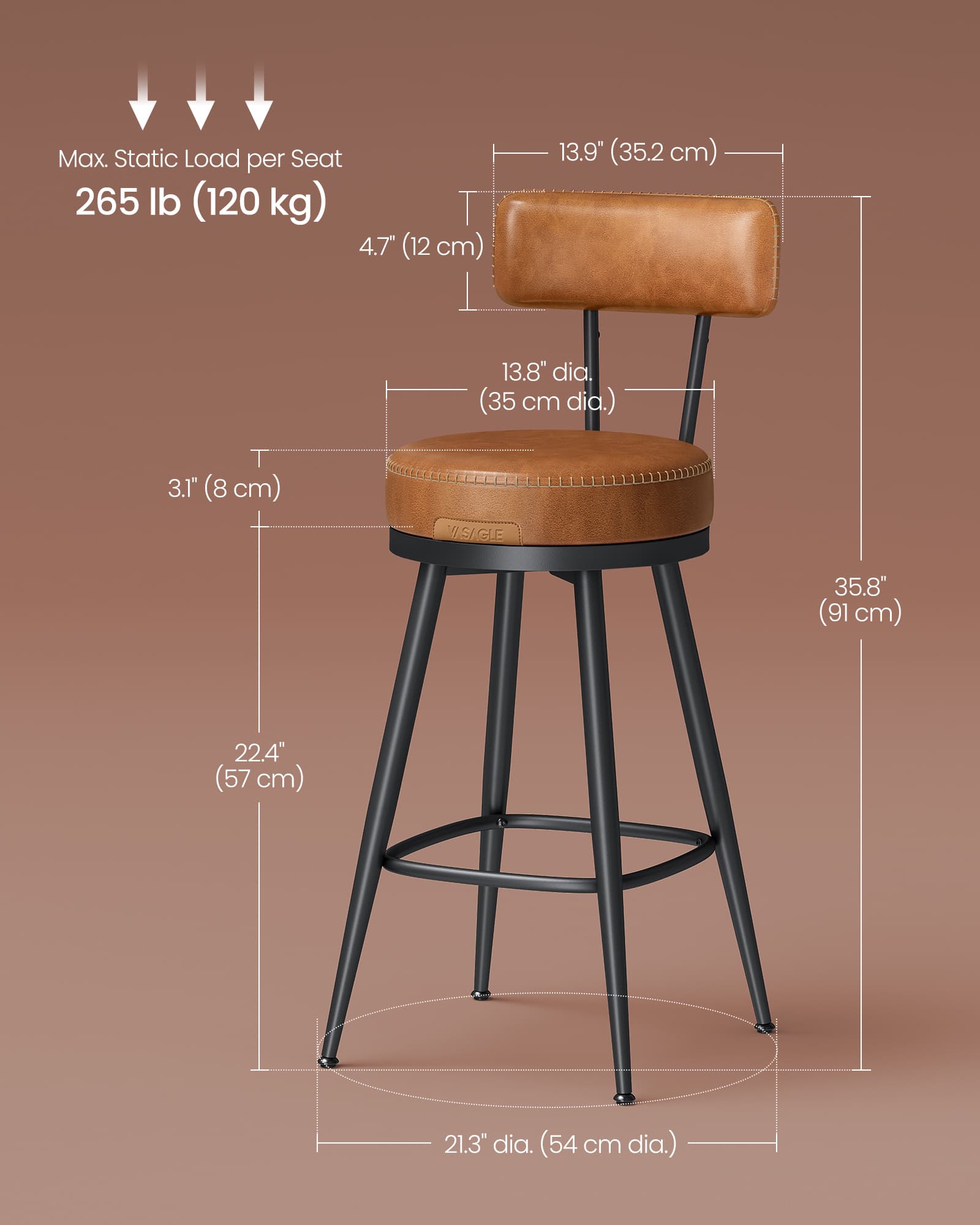 Swivel Bar Stools Set of 2 - Synthetic Leather - Caramel Brown - 360° Rotation