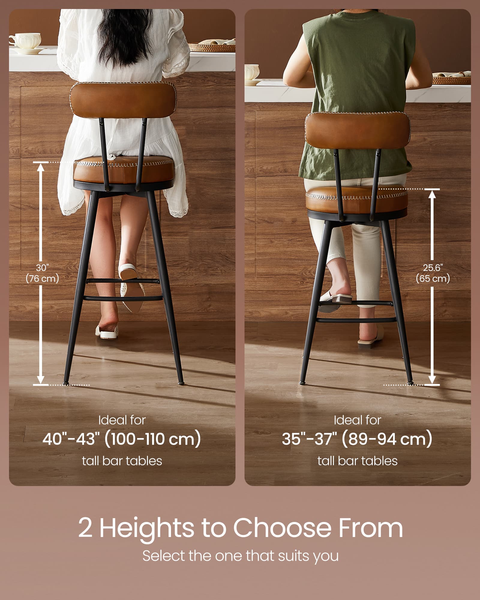 Swivel Bar Stools Set of 2 - Synthetic Leather - Caramel Brown - 360° Rotation