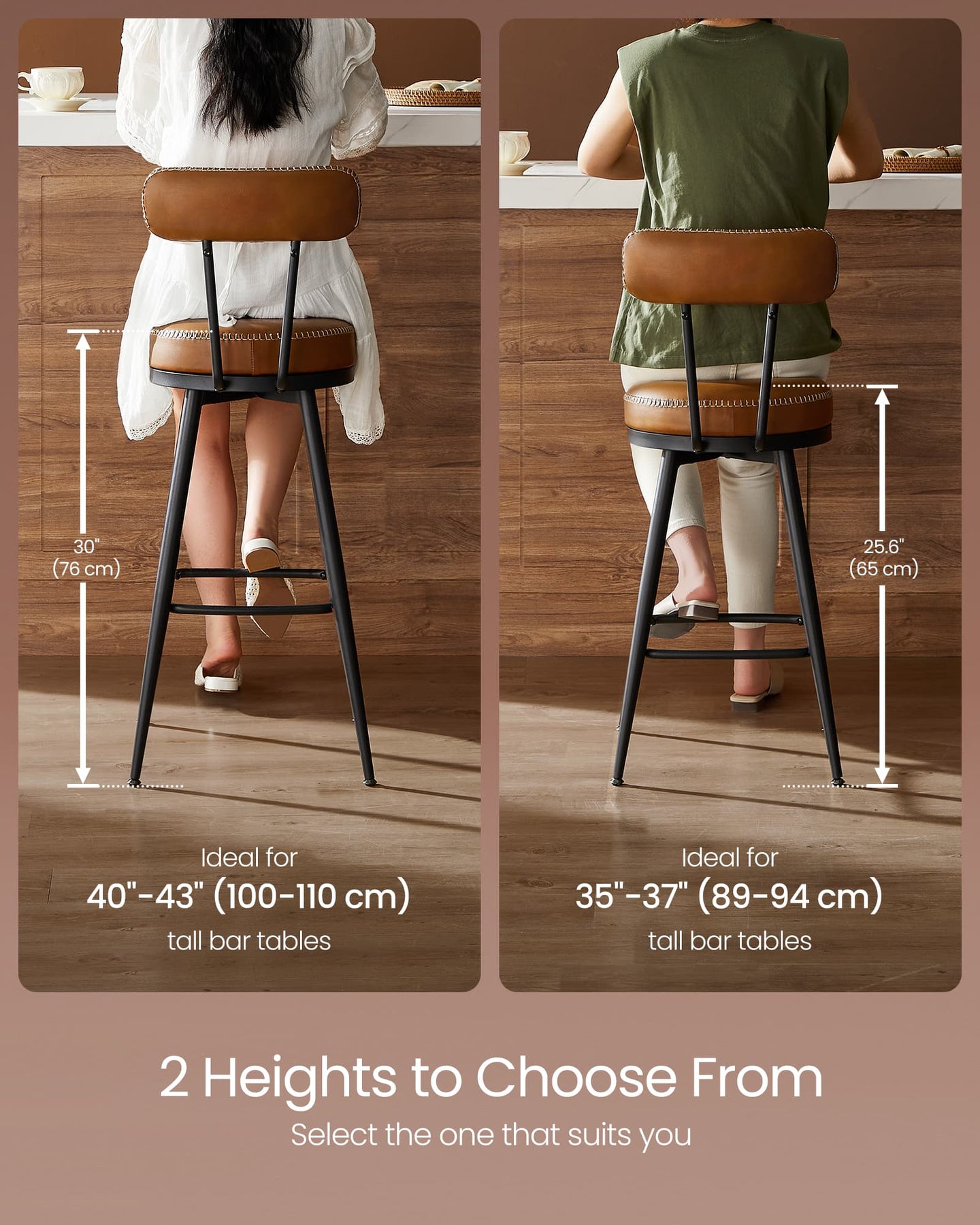 Swivel Bar Stools Set of 2 - Synthetic Leather - Caramel Brown - 360° Rotation
