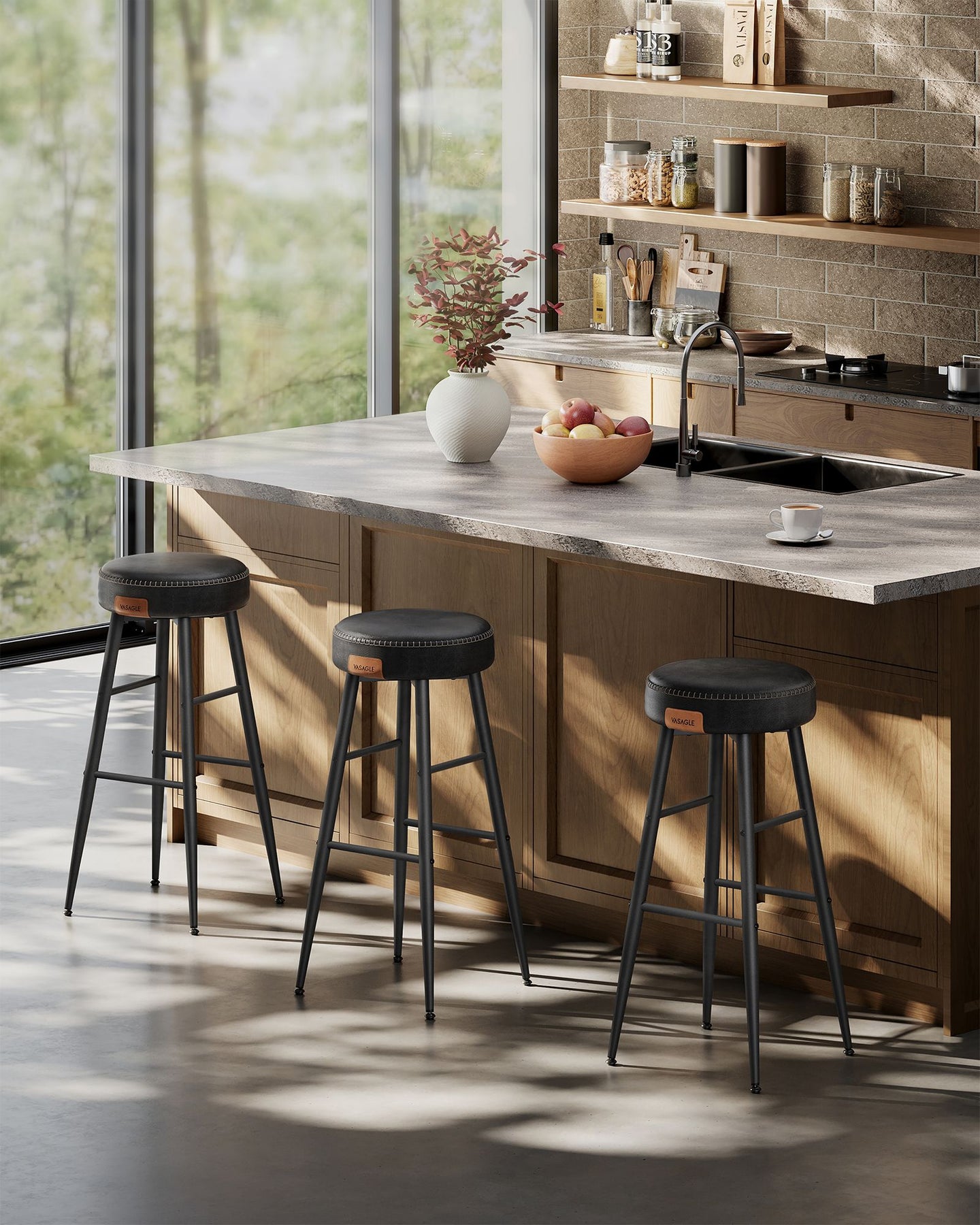 Bar Stools Set of 2 - Synthetic Leather - Black