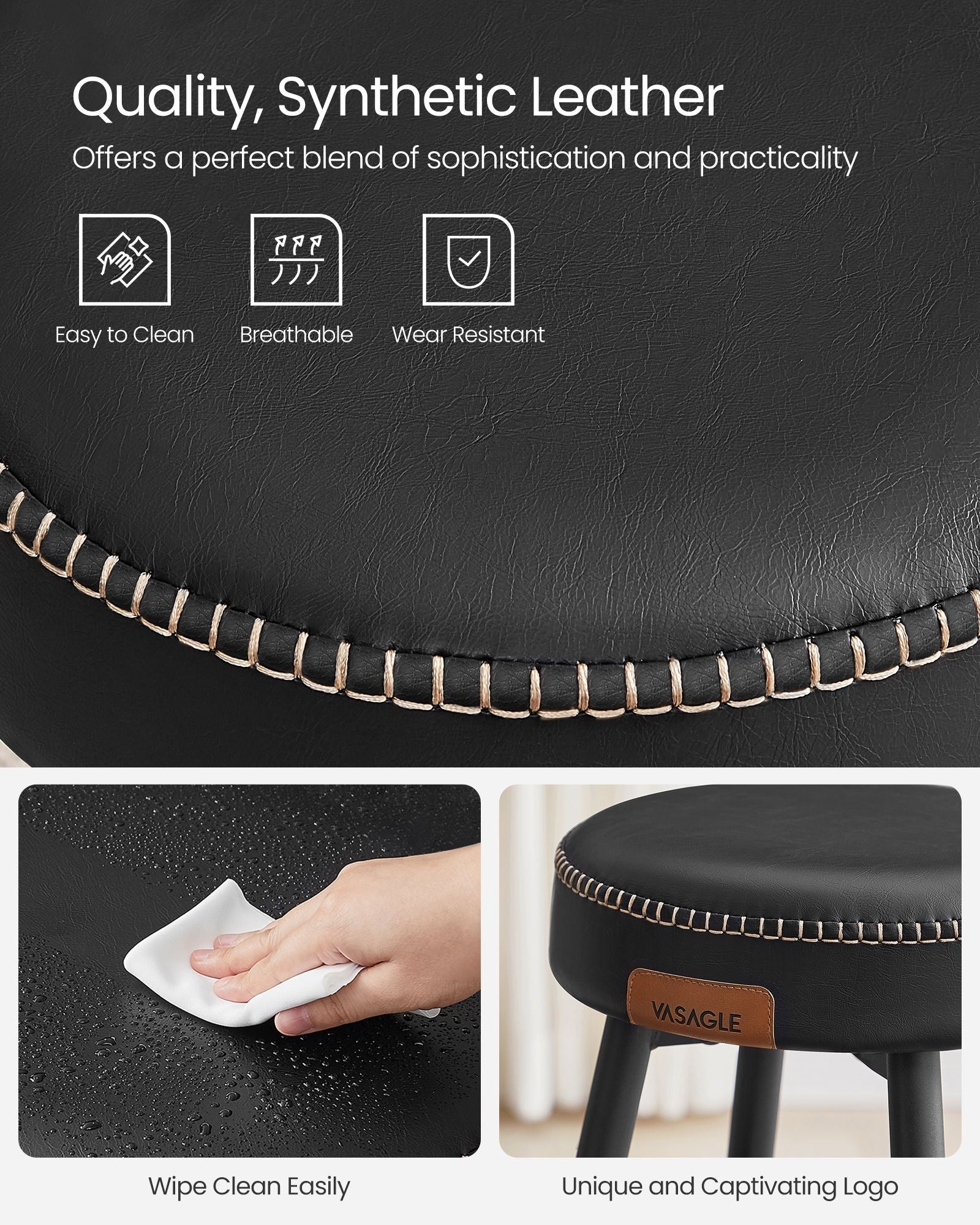 Bar Stools Set of 2 - Synthetic Leather - Black
