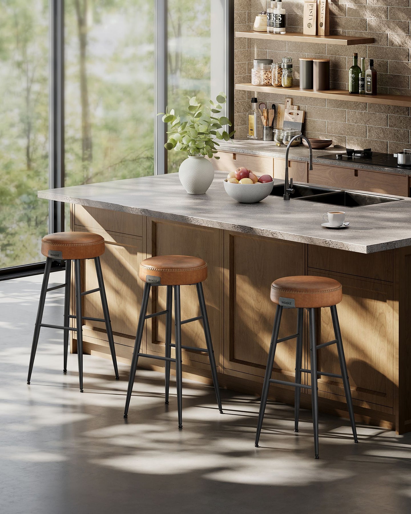 Bar Stools Set of 2 - Synthetic Leather - Black