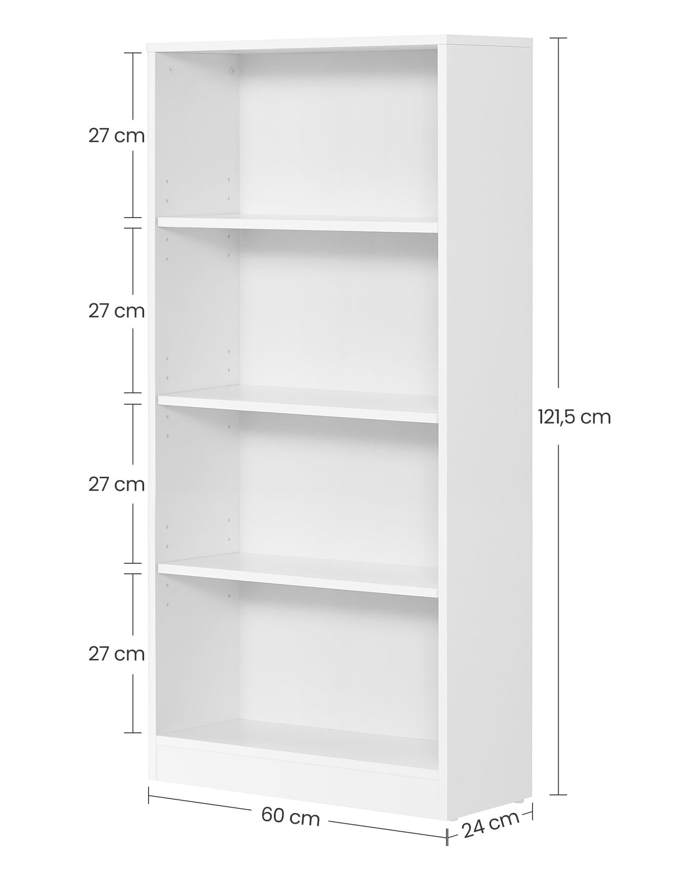 4 Tier Bookcase - Wood - White - Adjustable Shelves and Children's Bookshelf