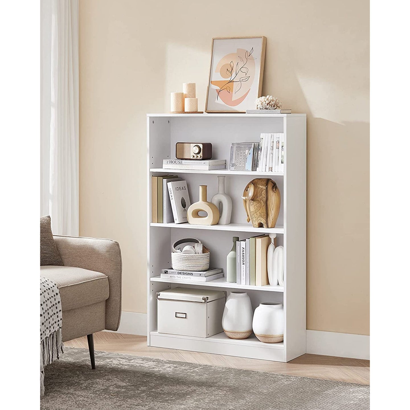 4 Tier Bookcase - Wood - Natural Finish - Adjustable Shelves for Children's Books and Home Office Storage