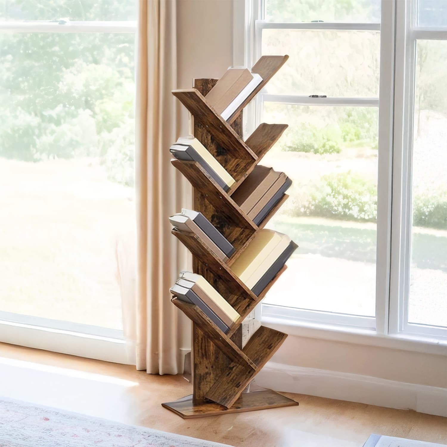 Corner Bookcase - Wood - Rustic Brown - 9-Tier Design for Books and Media