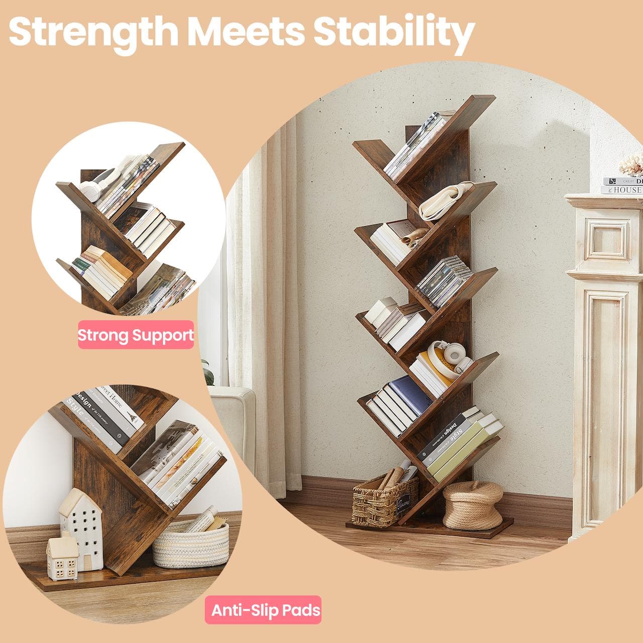 Corner Bookcase - Wood - Rustic Brown - 9-Tier Design for Books and Media