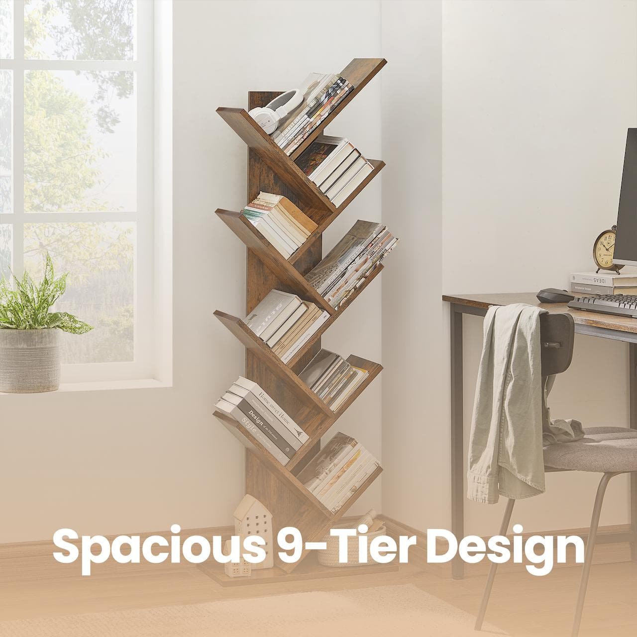 Corner Bookcase - Wood - Rustic Brown - 9-Tier Design for Books and Media