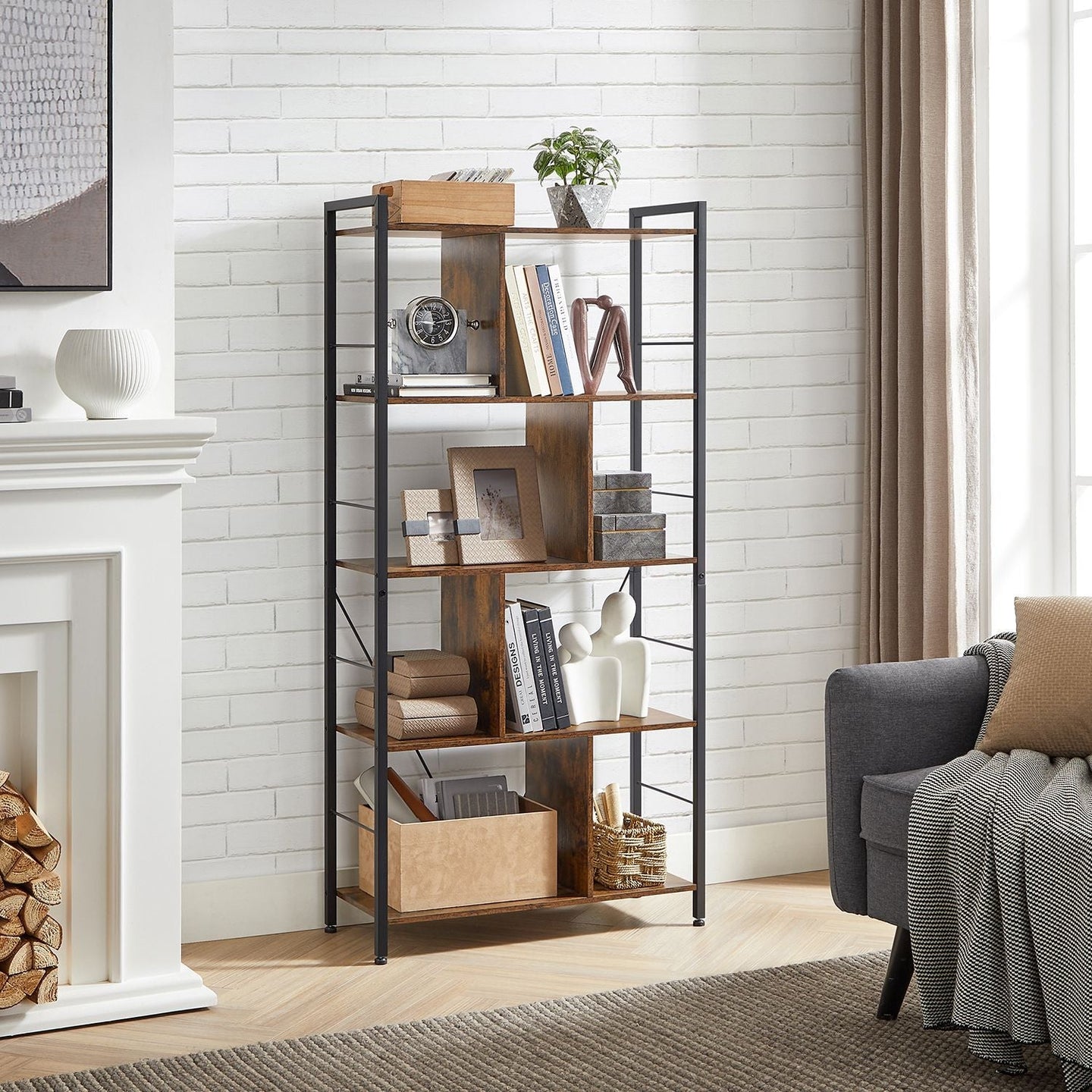 Bookshelf - Wood - Rustic Brown and Black - 5-Tier Industrial Storage Shelf