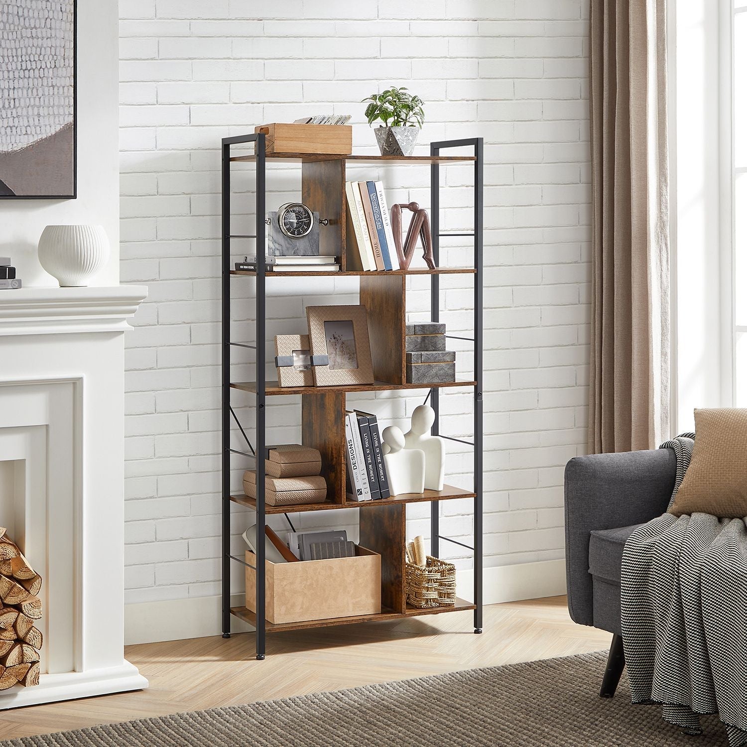 Bookshelf - Wood - Rustic Brown and Black - 5-Tier Industrial Storage Shelf