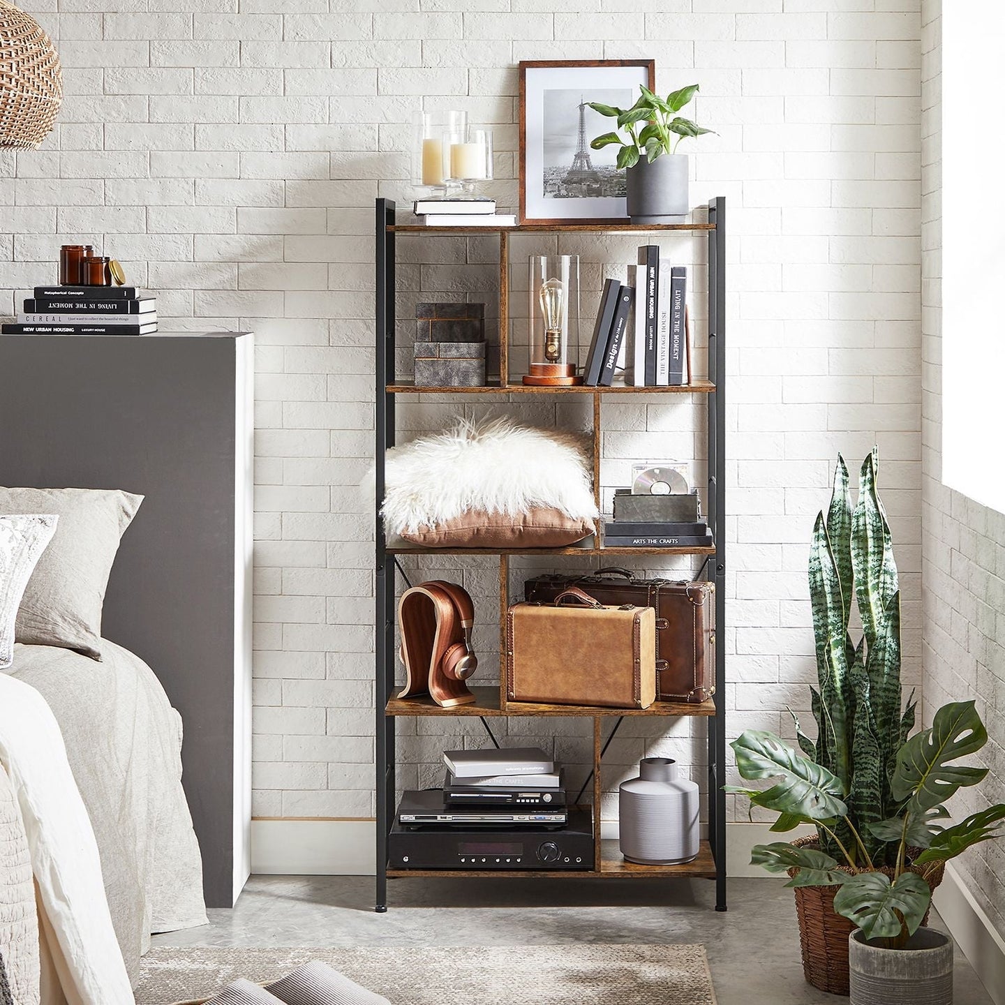 Bookshelf - Wood - Rustic Brown and Black - 5-Tier Industrial Storage Shelf