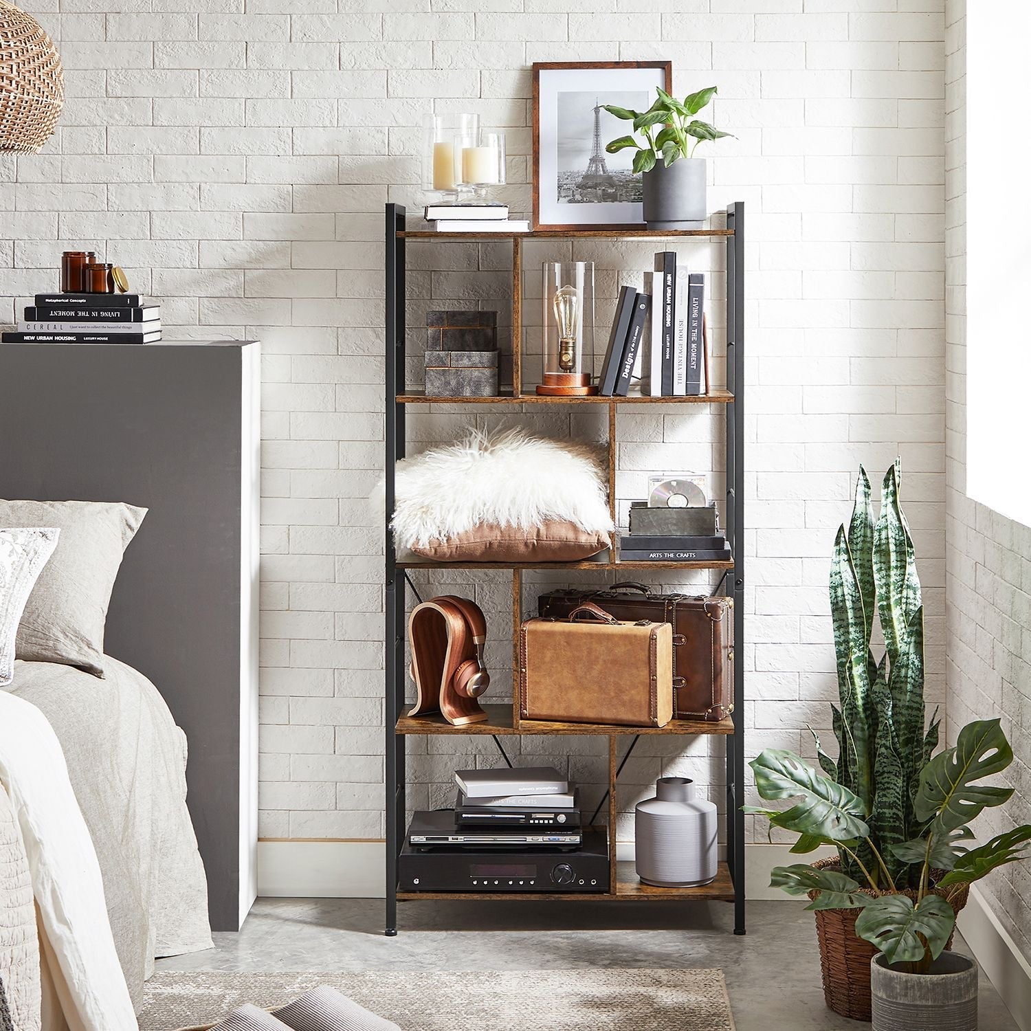 Bookshelf - Wood - Rustic Brown and Black - 5-Tier Industrial Storage Shelf
