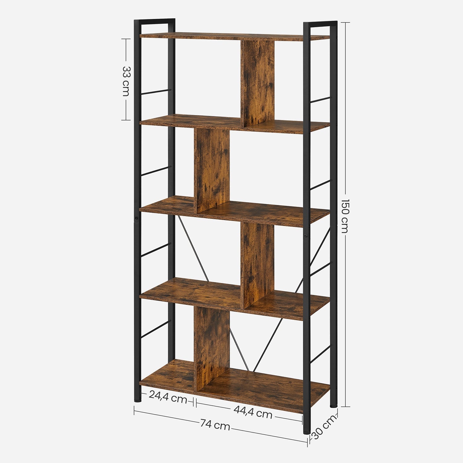 Bookshelf - Wood - Rustic Brown and Black - 5-Tier Industrial Storage Shelf