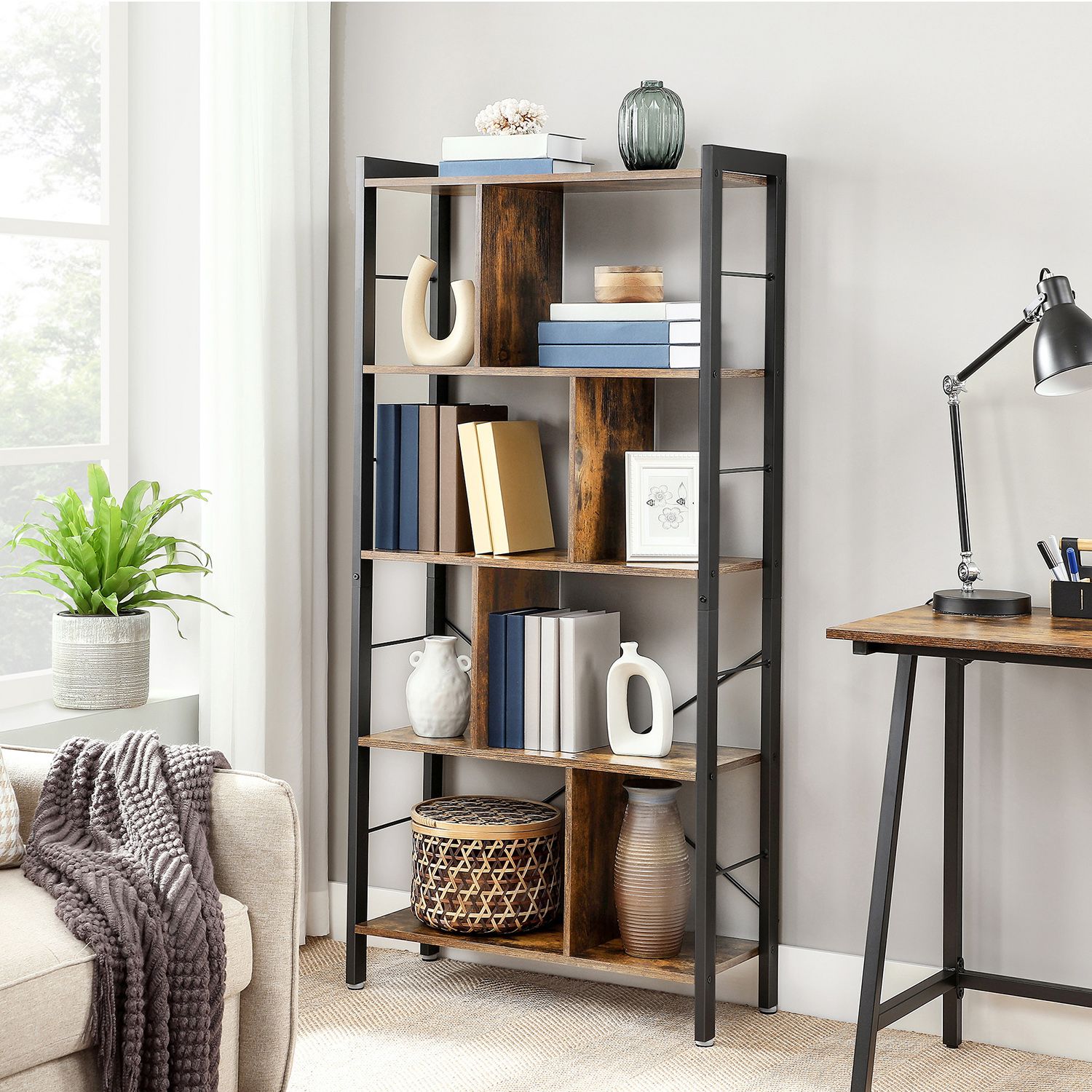 4 Tier Bookshelf - Engineered Wood - Rustic Brown - Large Floor Standing Storage Rack