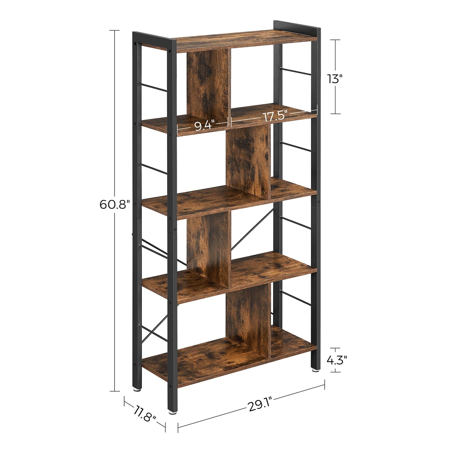 4 Tier Bookshelf - Engineered Wood - Rustic Brown - Large Floor Standing Storage Rack