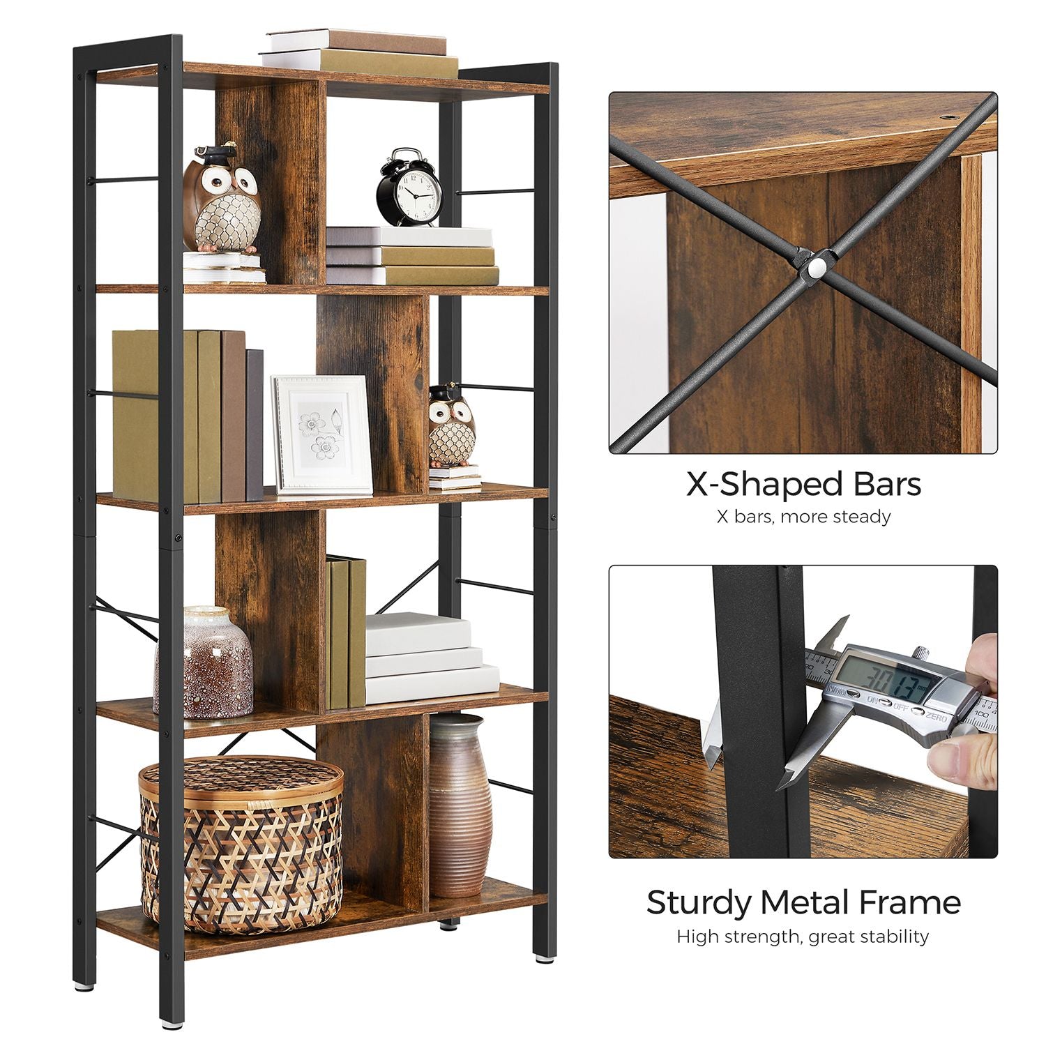 4 Tier Bookshelf - Engineered Wood - Rustic Brown - Large Floor Standing Storage Rack