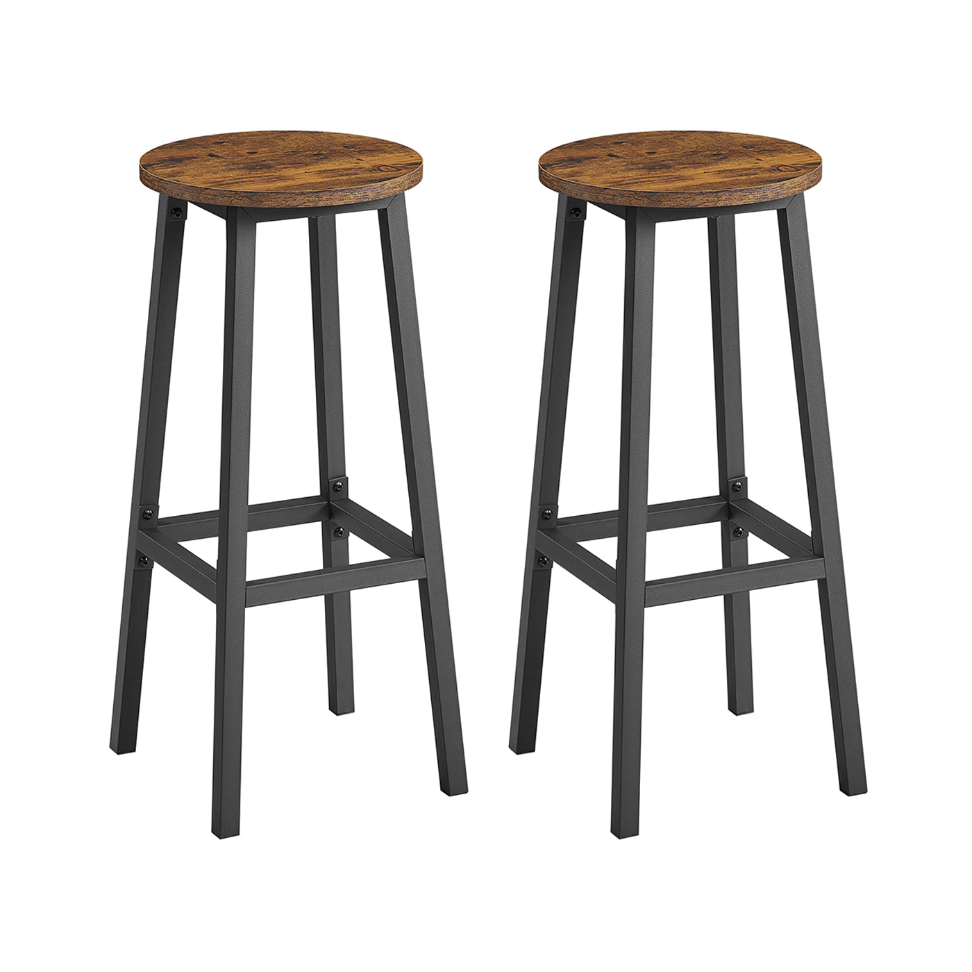 Bar Stools Set of 2 - Metal Frame - Rustic Brown and Black - 74 cm High with Footrest