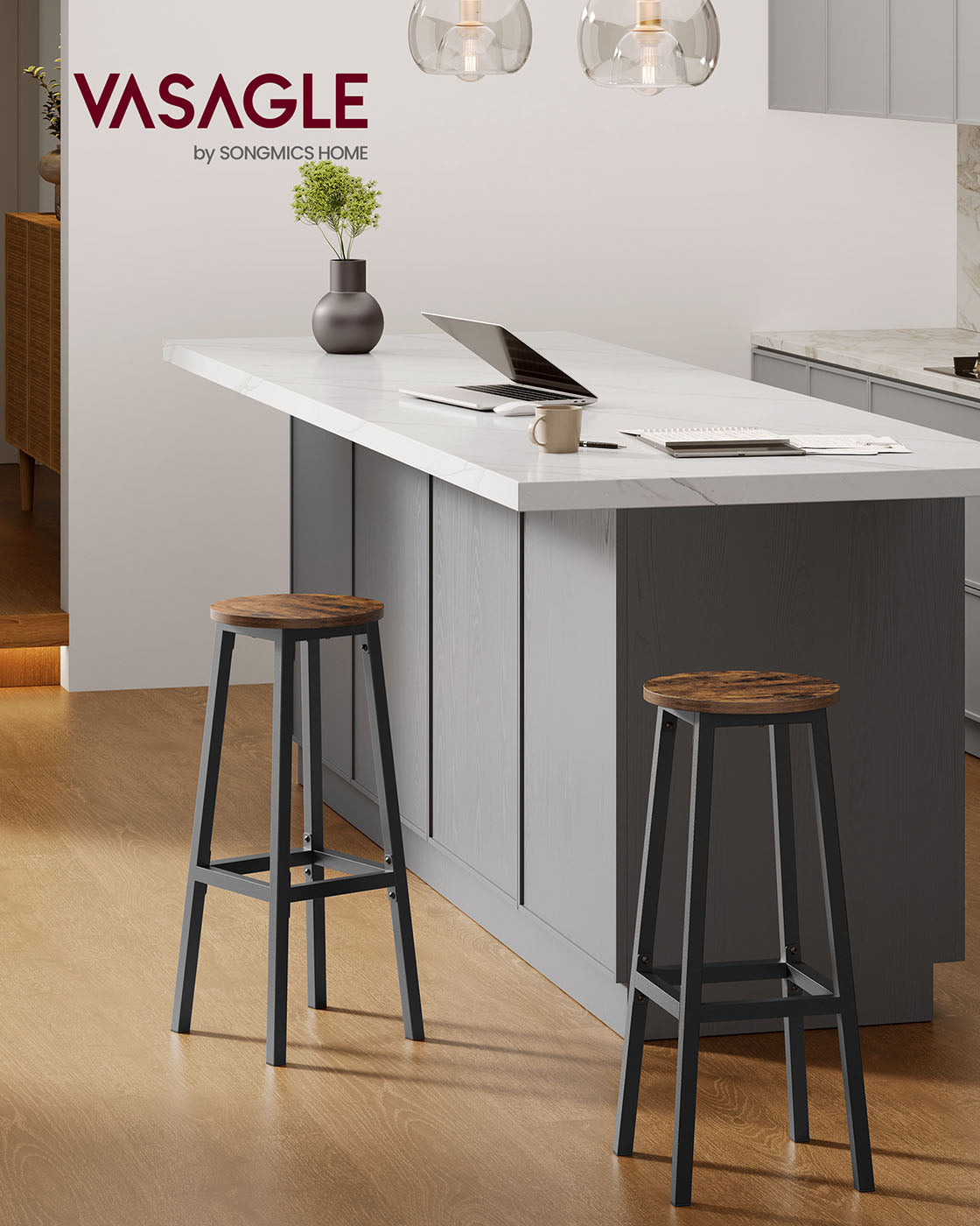 Bar Stools Set of 2 - Metal Frame - Rustic Brown and Black - 74 cm High with Footrest