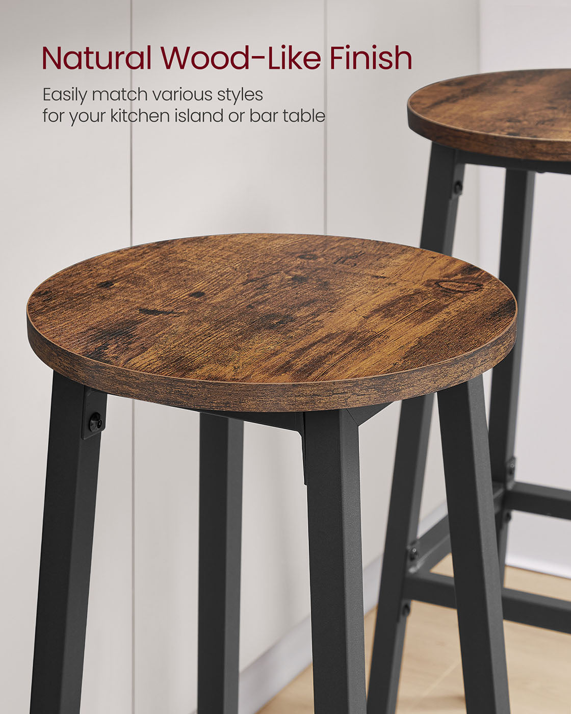 Bar Stools Set of 2 - Metal Frame - Rustic Brown and Black - 74 cm High with Footrest