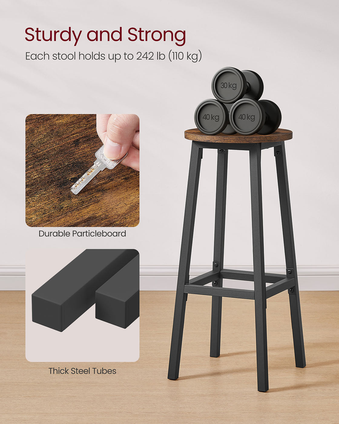 Bar Stools Set of 2 - Metal Frame - Rustic Brown and Black - 74 cm High with Footrest