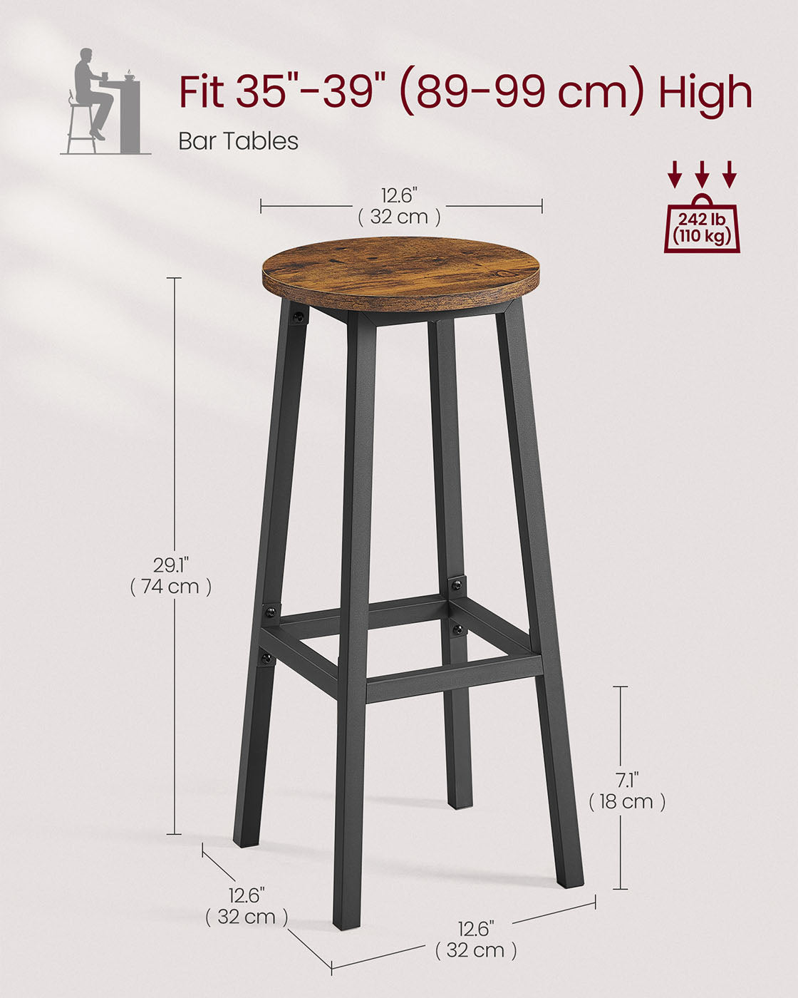 Bar Stools Set of 2 - Metal Frame - Rustic Brown and Black - 74 cm High with Footrest