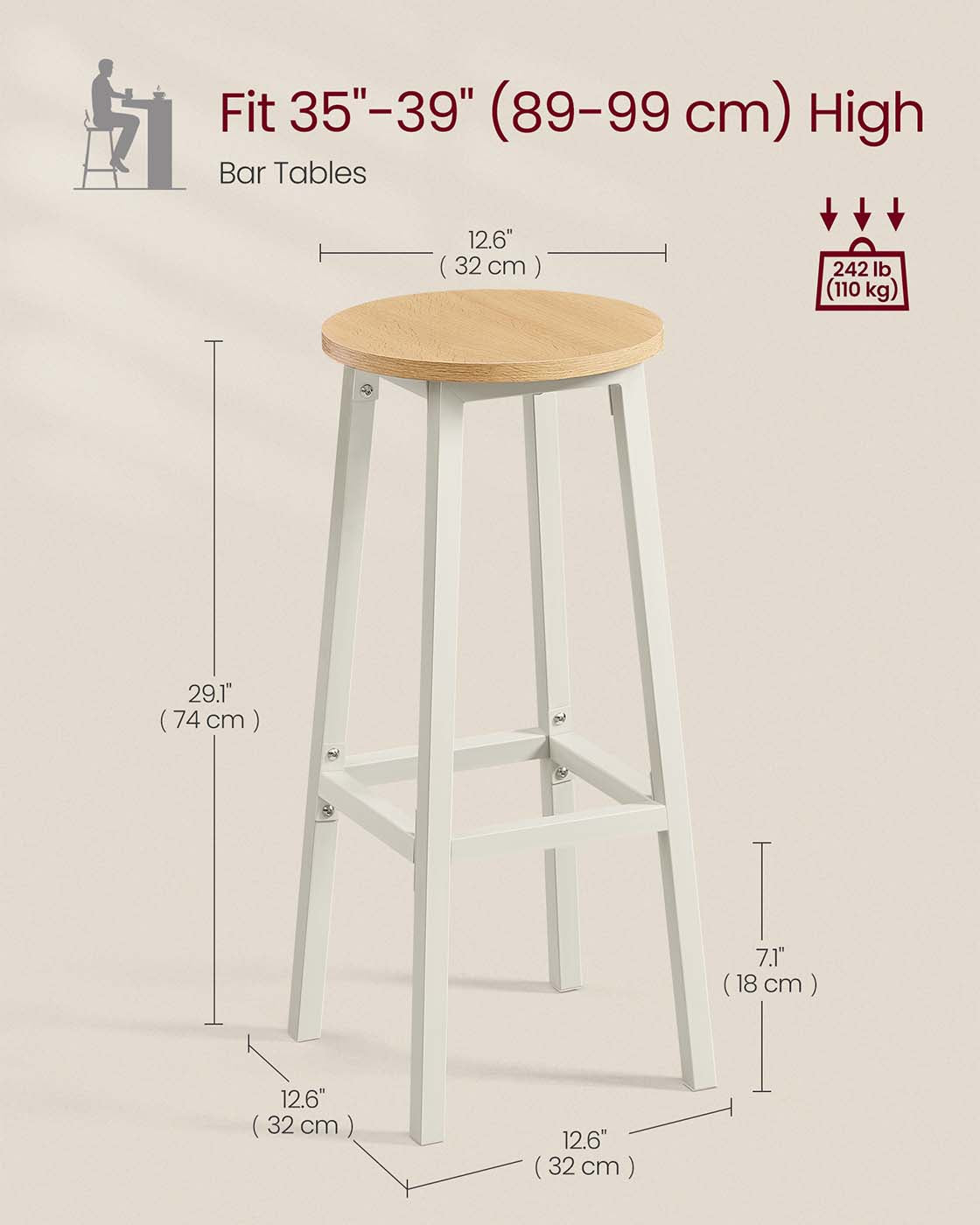 Bar Stools Set of 2 - 74 cm High - Metal Frame - Golden Oak and White