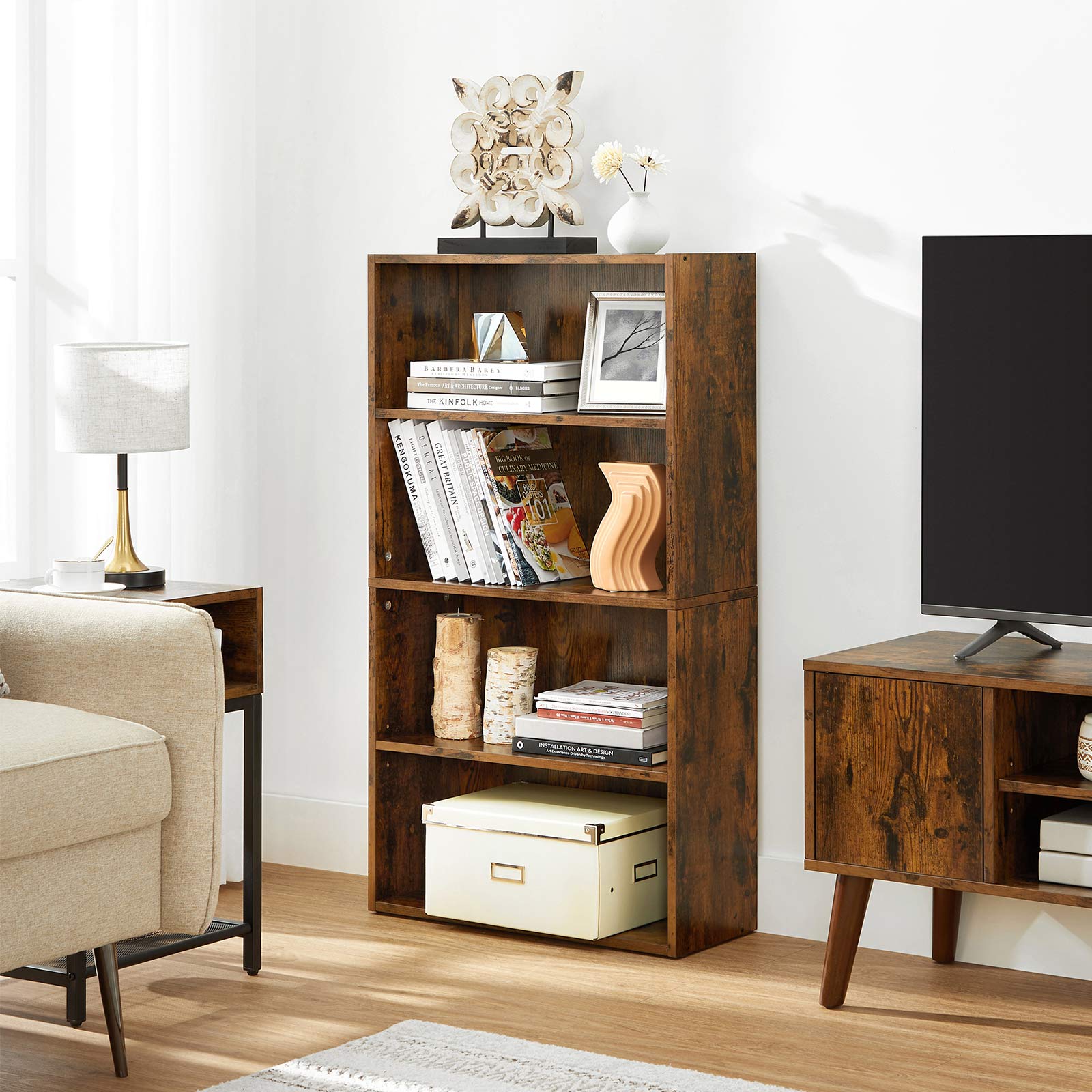 4-Tier Bookcase, Storage Shelving Unit - Rustic Brown
