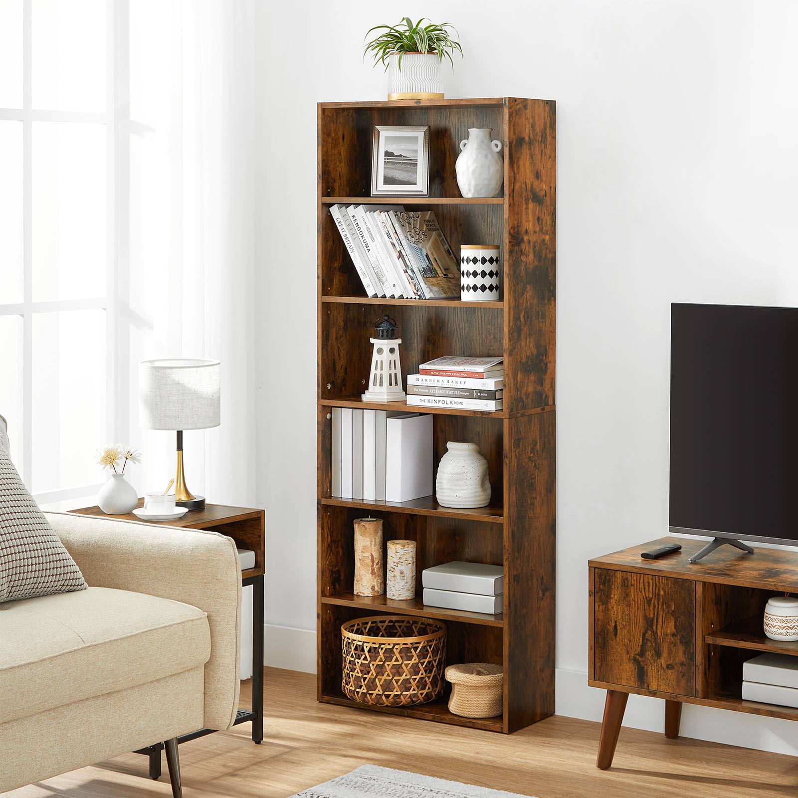 6-Tier Bookcase, Storage Shelving Unit - Rustic Brown