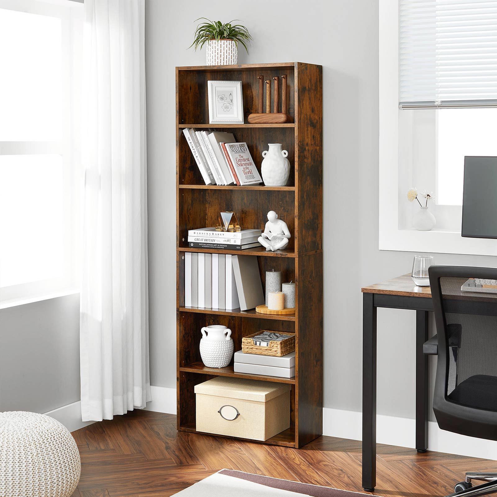 6-Tier Bookcase, Storage Shelving Unit - Rustic Brown