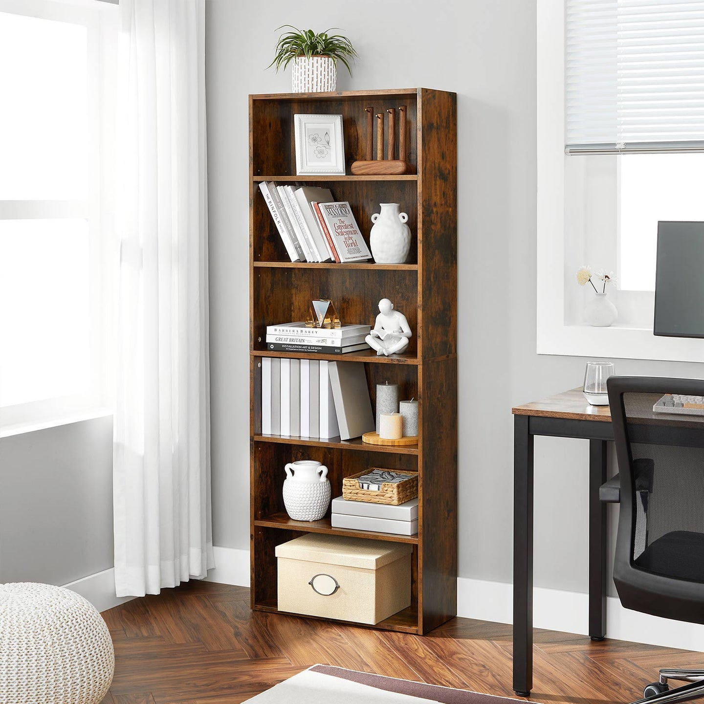 6-Tier Bookcase, Storage Shelving Unit - Rustic Brown