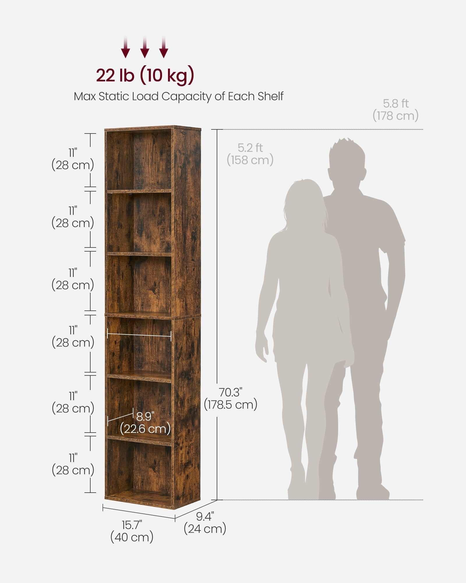 Bookshelf - 6 Adjustable Shelves - Metal - Rustic Brown