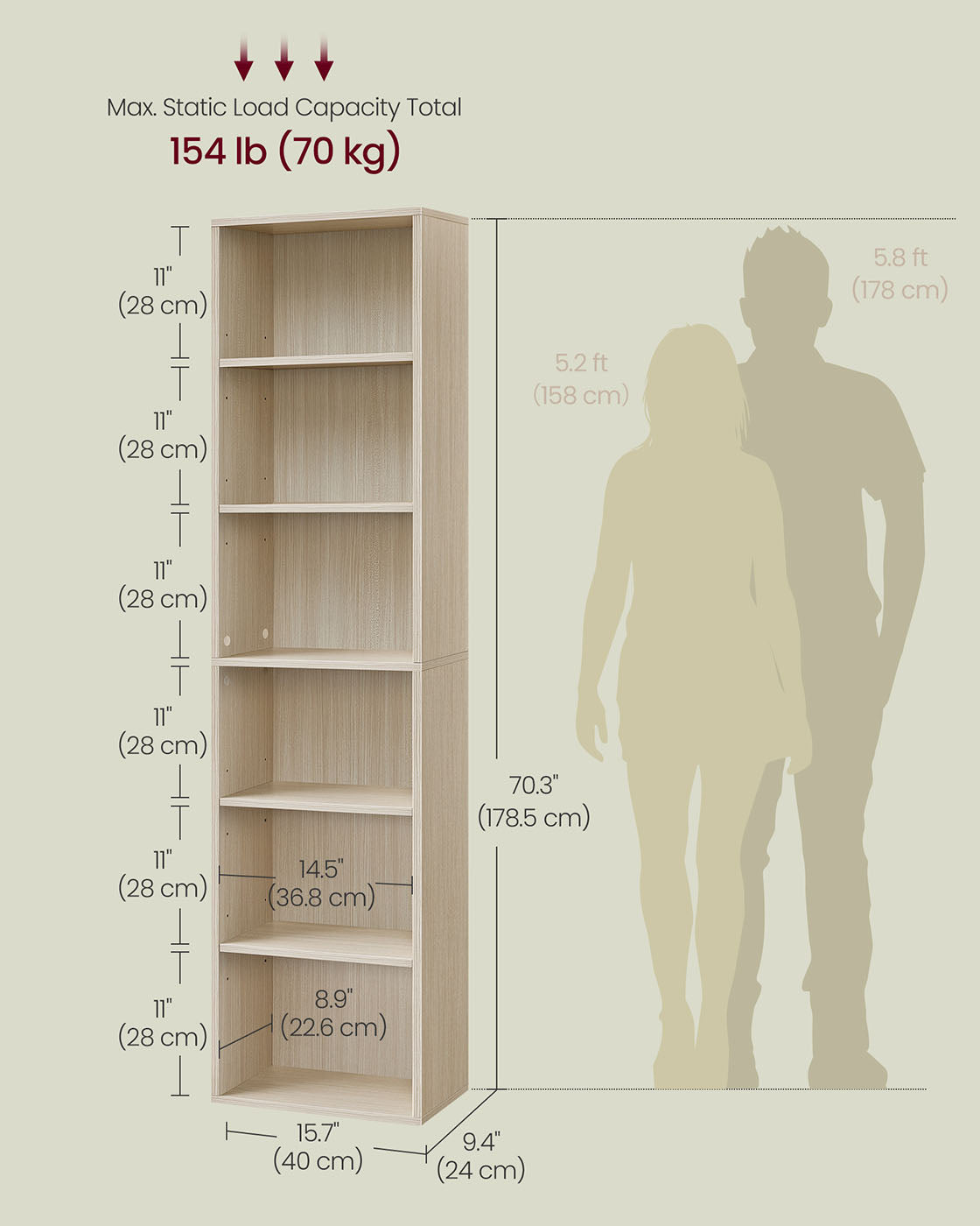 6-Tier Bookcase - Wood - Natural Beige - Adjustable Shelves for Children's Books and Storage