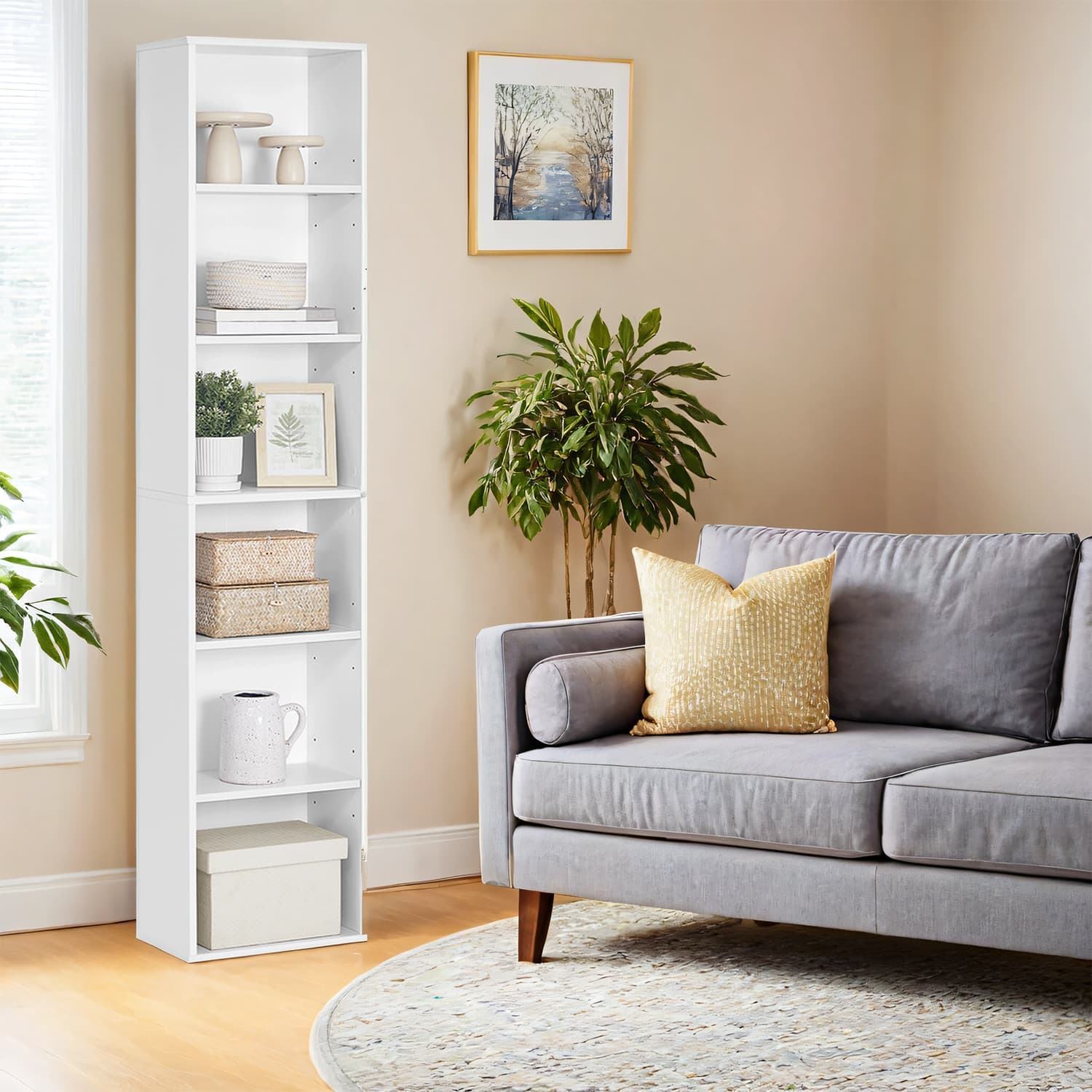Bookshelf - Wood - Natural Finish - 6 Adjustable Shelves for Home Office and Children's Storage