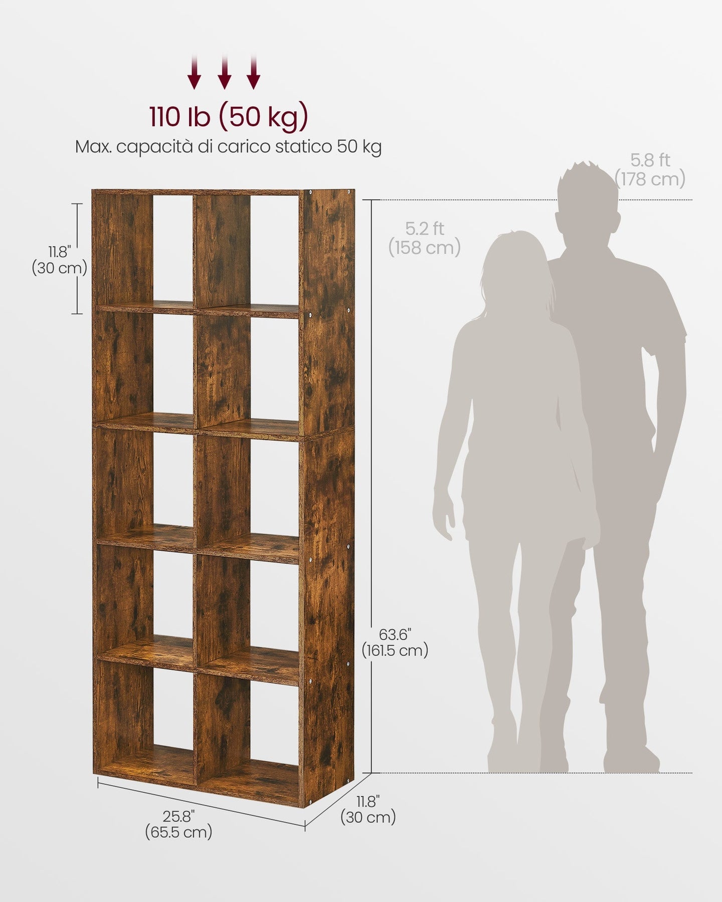 10-Cube Bookcase - Wood - Rustic Brown - Multi-Functional Storage Unit