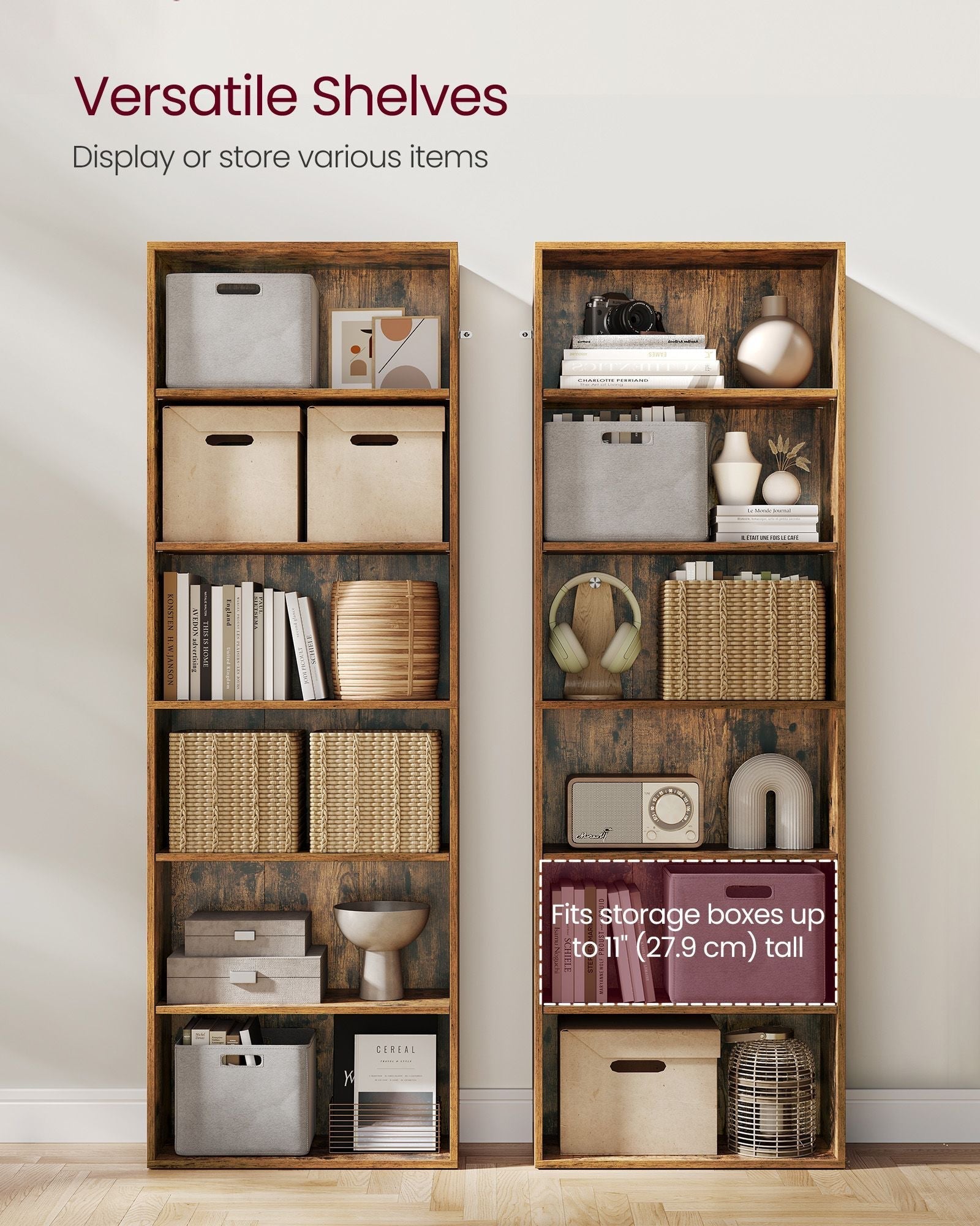 Industrial Bookcase - Wood - Rustic Brown - 6 Adjustable Shelves for Home Office and Children's Storage