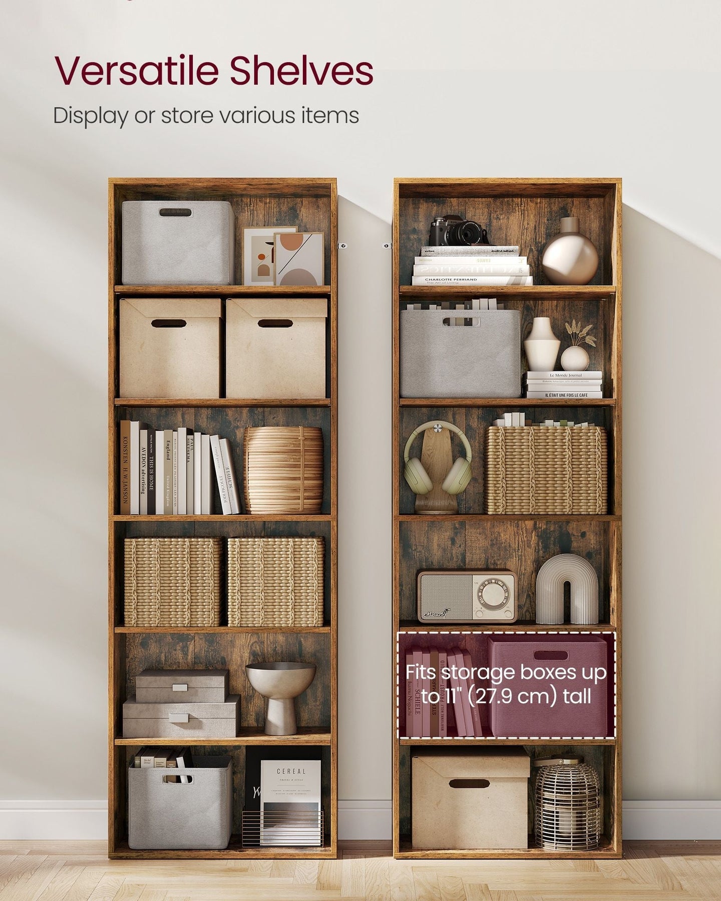 Industrial Bookcase - Wood - Rustic Brown - 6 Adjustable Shelves for Home Office and Children's Storage