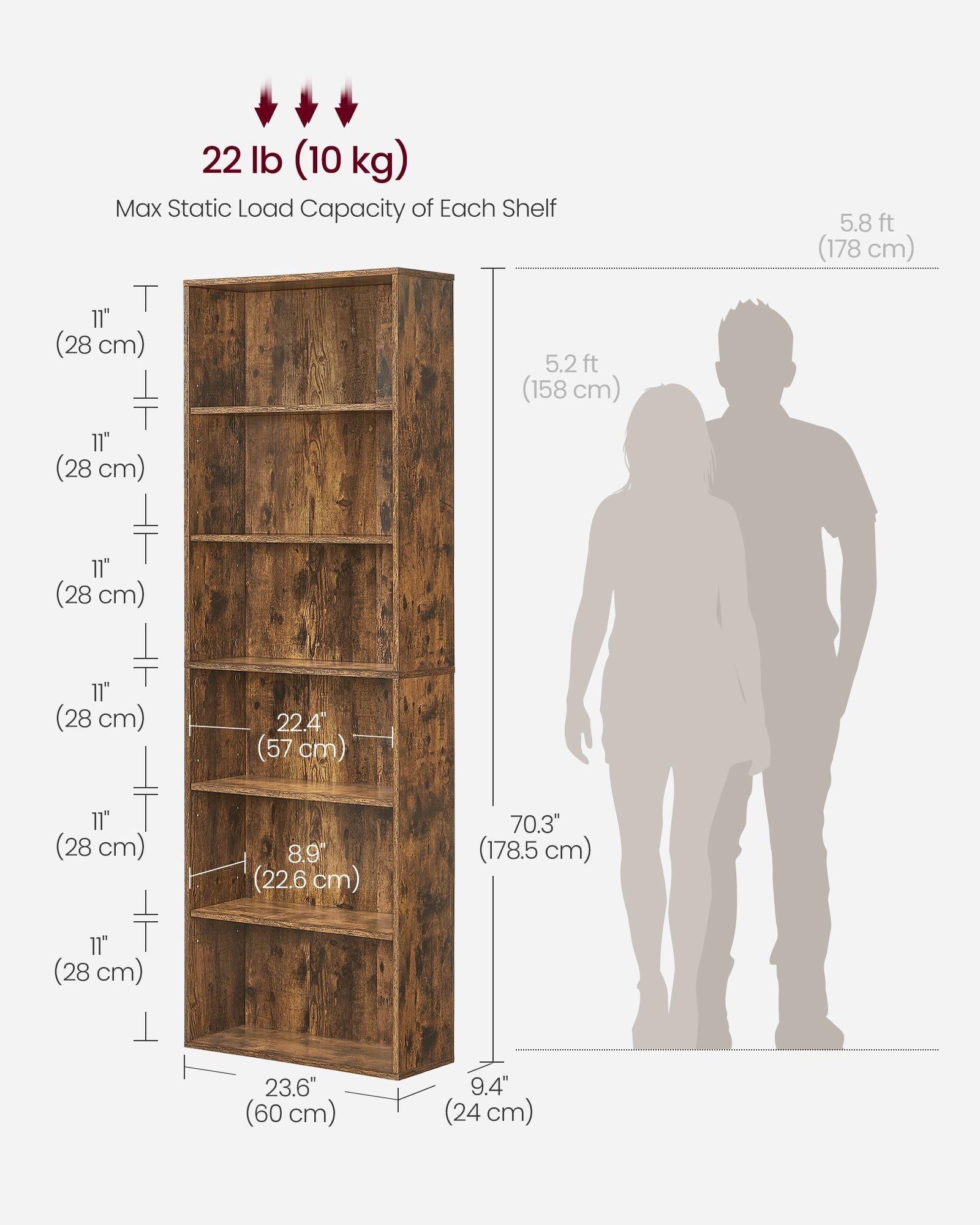 Industrial Bookcase - Wood - Rustic Brown - 6 Adjustable Shelves for Home Office and Children's Storage