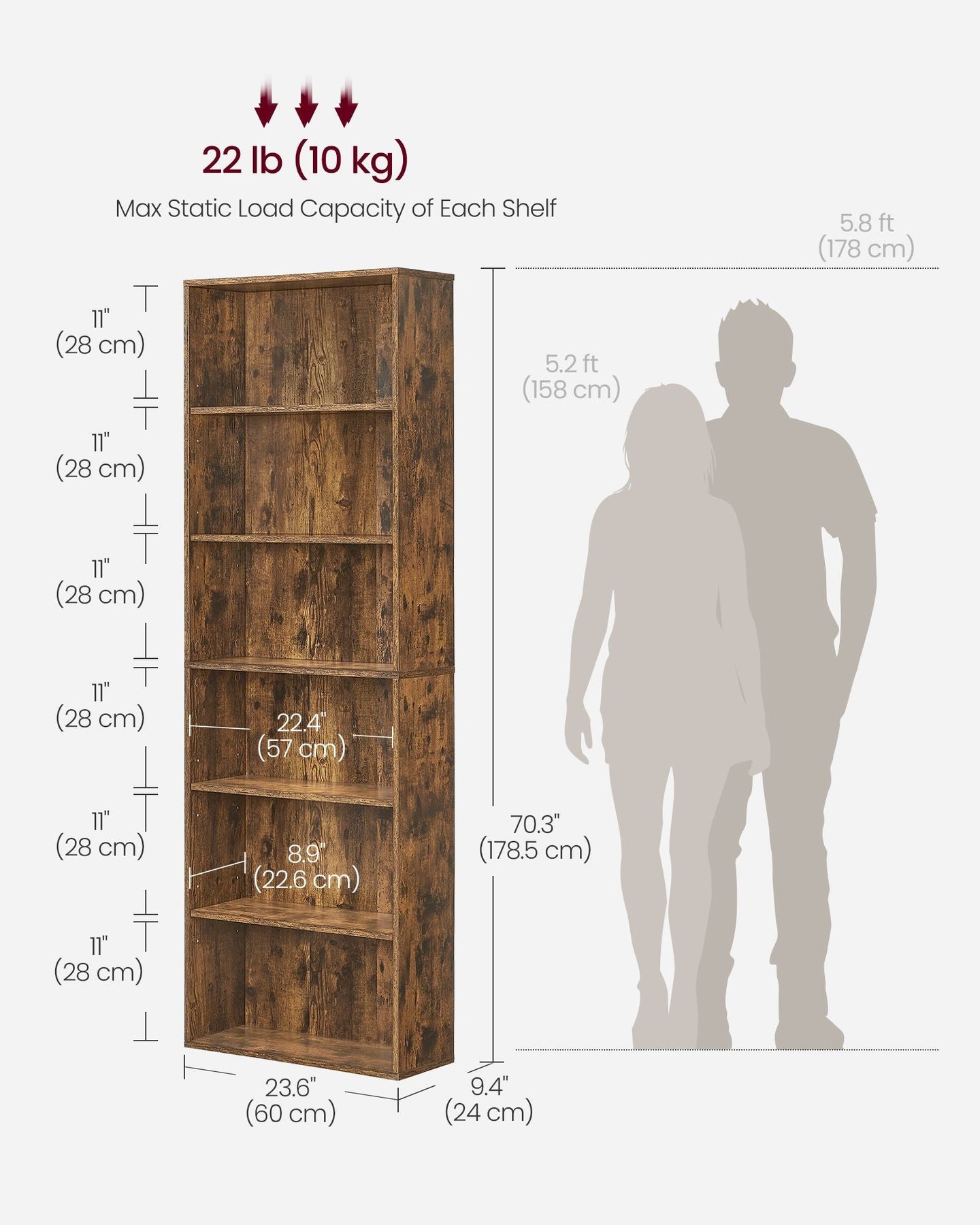 Industrial Bookcase - Wood - Rustic Brown - 6 Adjustable Shelves for Home Office and Children's Storage