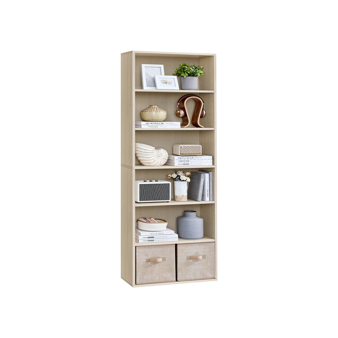 Bookcase - Wood - Natural Beige - 6-Tier Open Storage with Adjustable Shelves