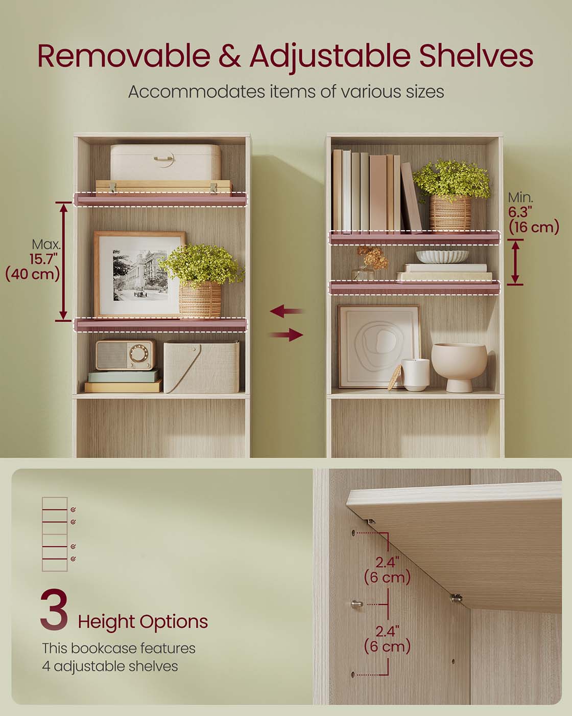 Bookcase - Wood - Natural Beige - 6-Tier Open Storage with Adjustable Shelves
