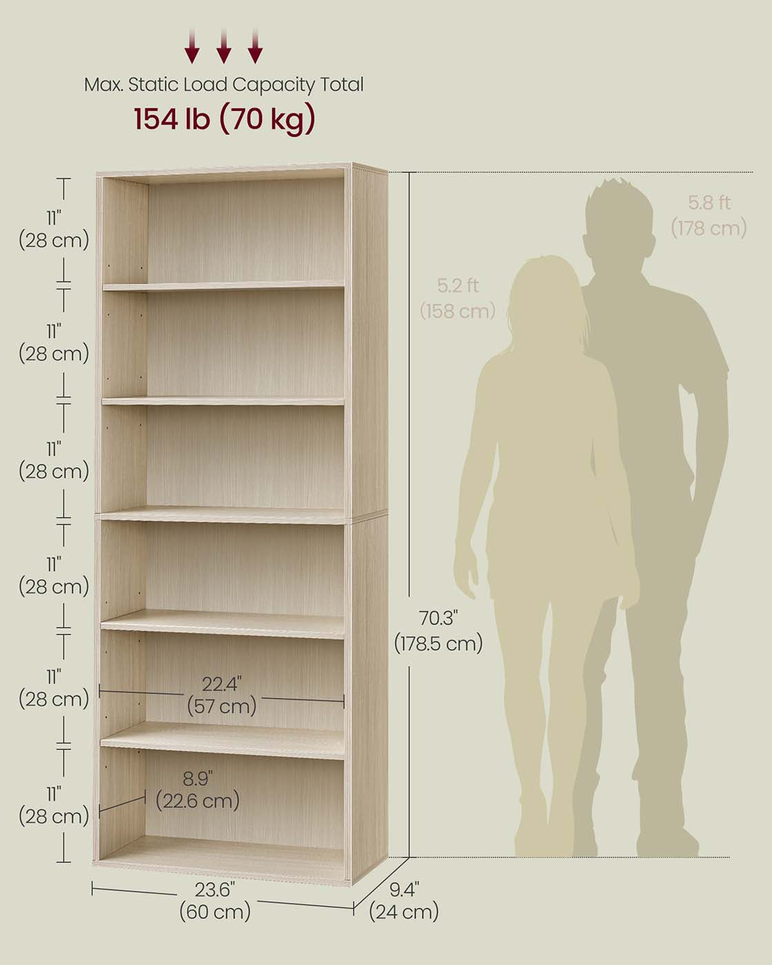 Bookcase - Wood - Natural Beige - 6-Tier Open Storage with Adjustable Shelves