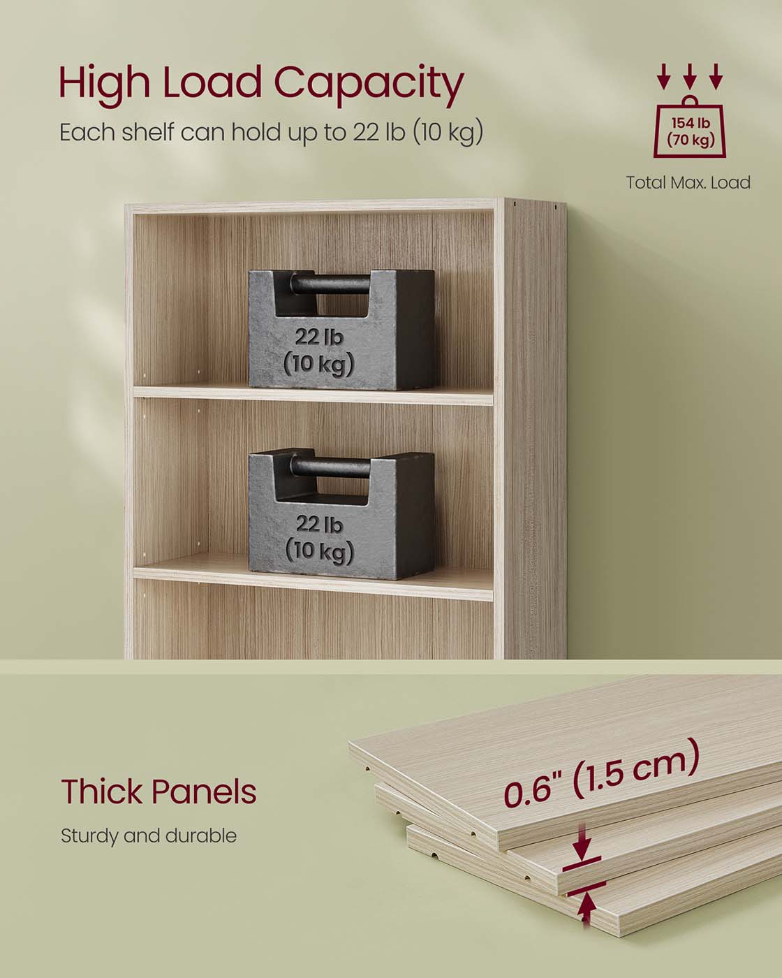 Bookcase - Wood - Natural Beige - 6-Tier Open Storage with Adjustable Shelves