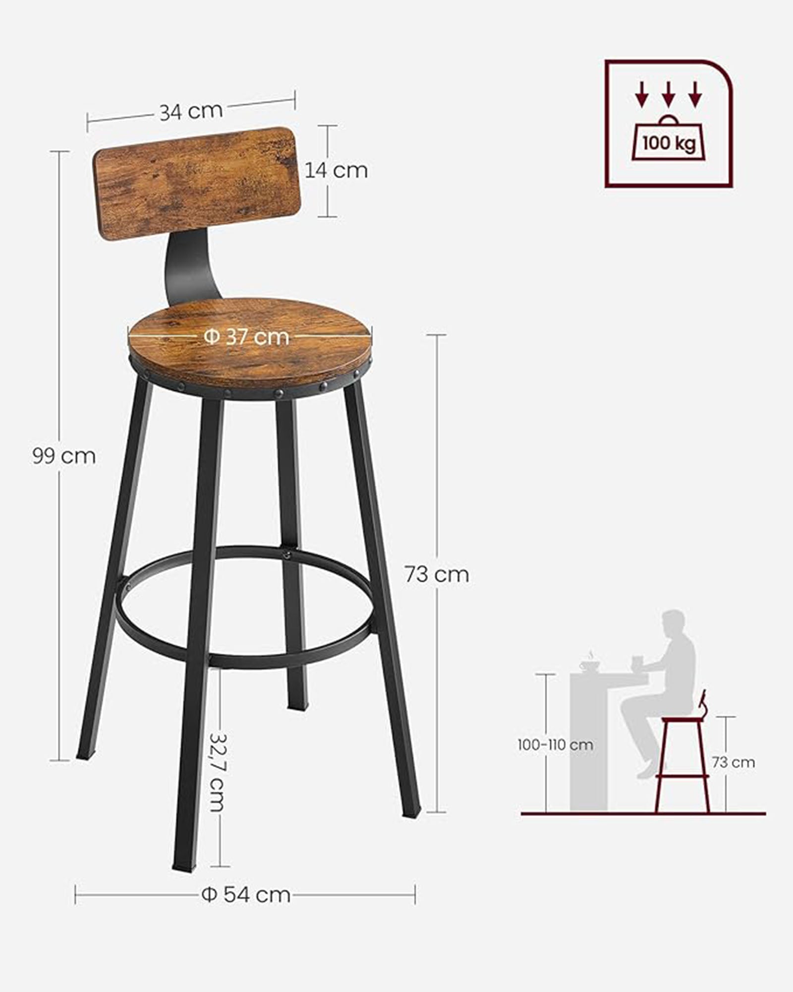 Bar Stools Set of 4 - Steel - Rustic Brown and Black